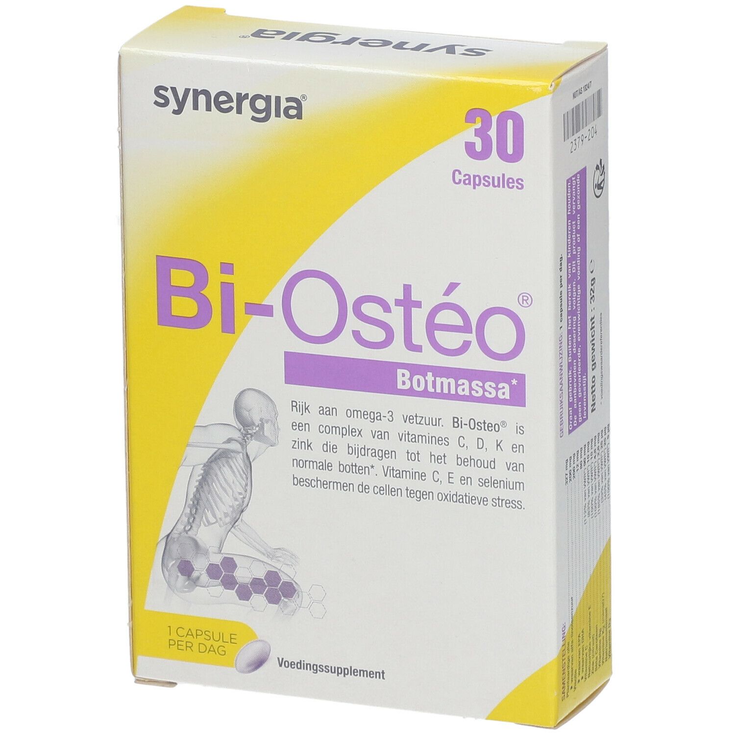 Boîte Bi-Ostéo, 30 capsules. Inscription: synergia, Botmassa. Illustration d'un squelette.
