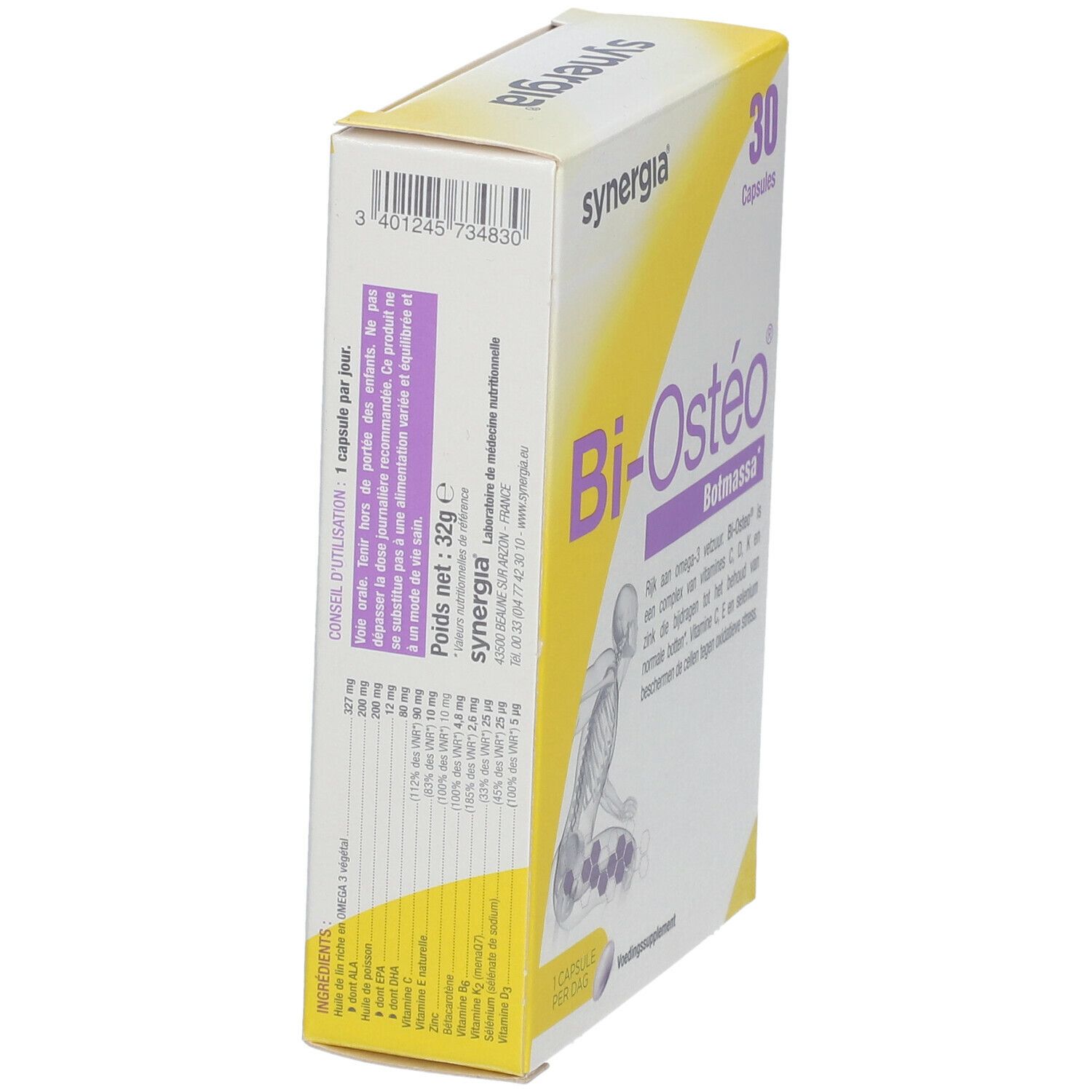 Boîte Bi-Ostéo, 30 capsules. Inscription: synergia, Botmassa. Vue détaillée des ingrédients et des valeurs nutritionnelles.