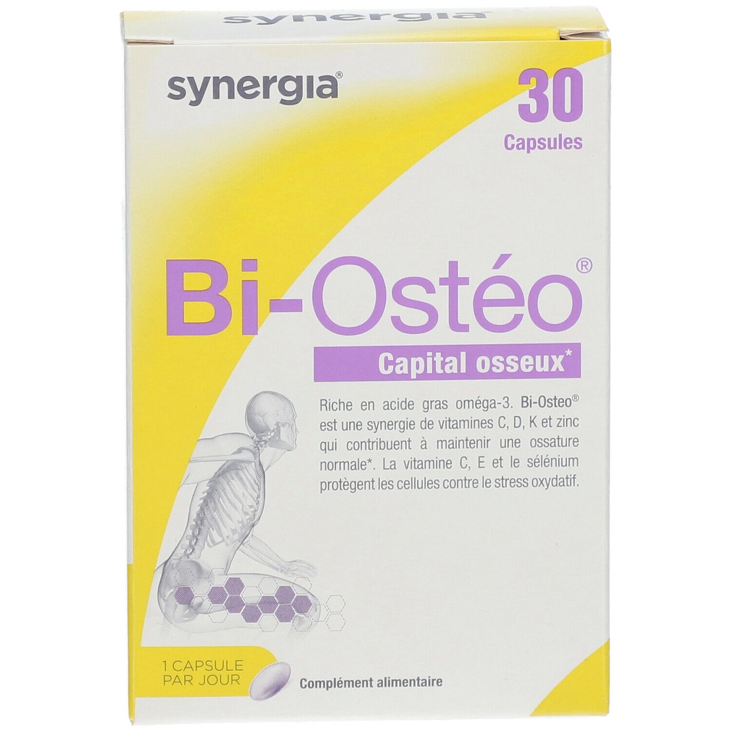 Boîte Bi-Ostéo, 30 capsules. Inscription: synergia, Capital Osseux. Illustration d'un squelette.