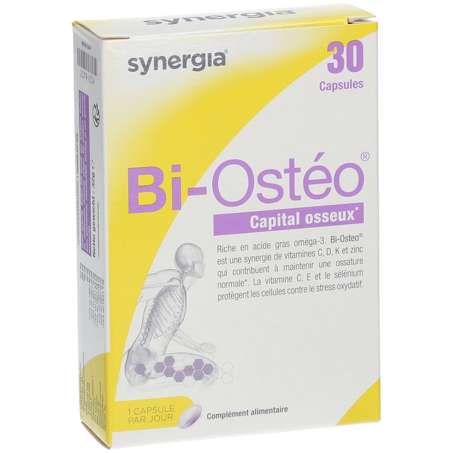 Boîte Bi-Ostéo, 30 capsules. Inscription: synergia, Capital Osseux. Illustration d'un squelette.
