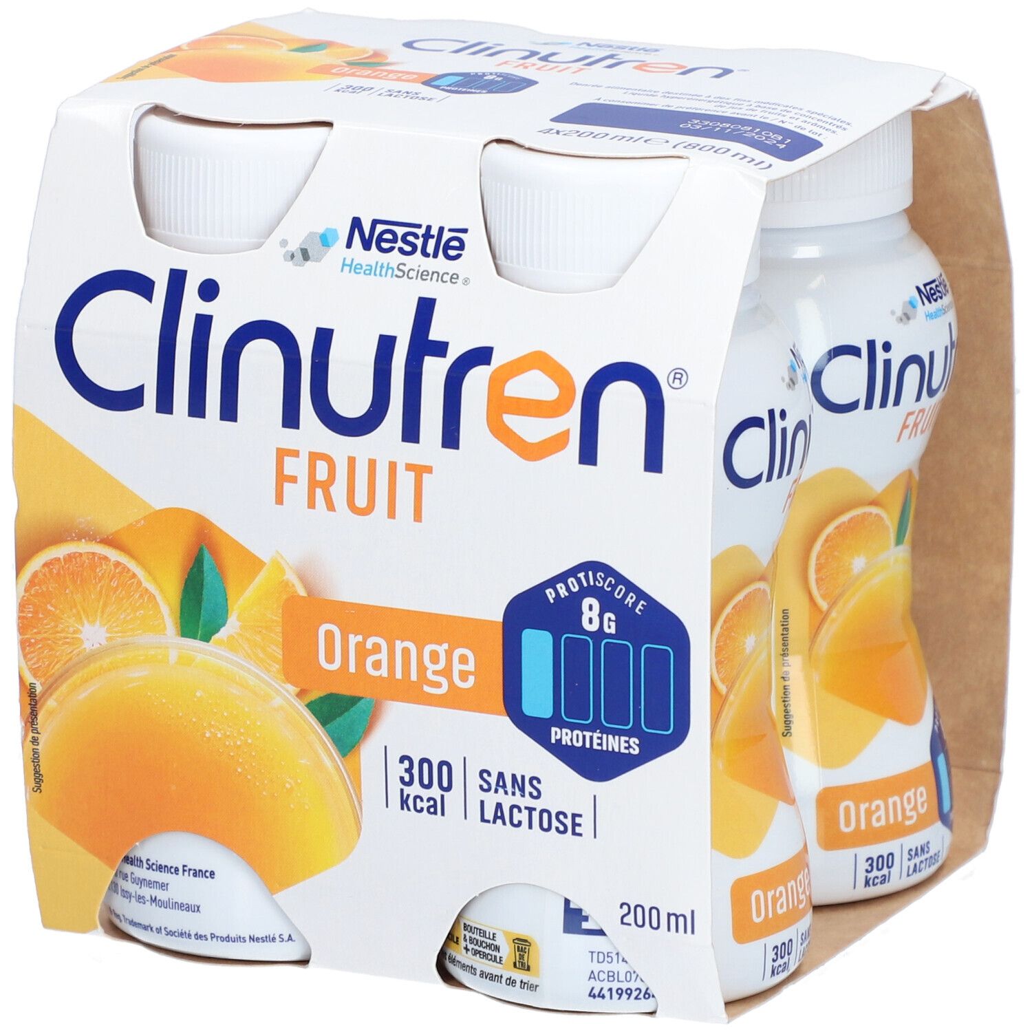 Emballage de quatre bouteilles Clinutren Fruit Orange. Chaque bouteille affiche des informations sur les protéines et les calories.