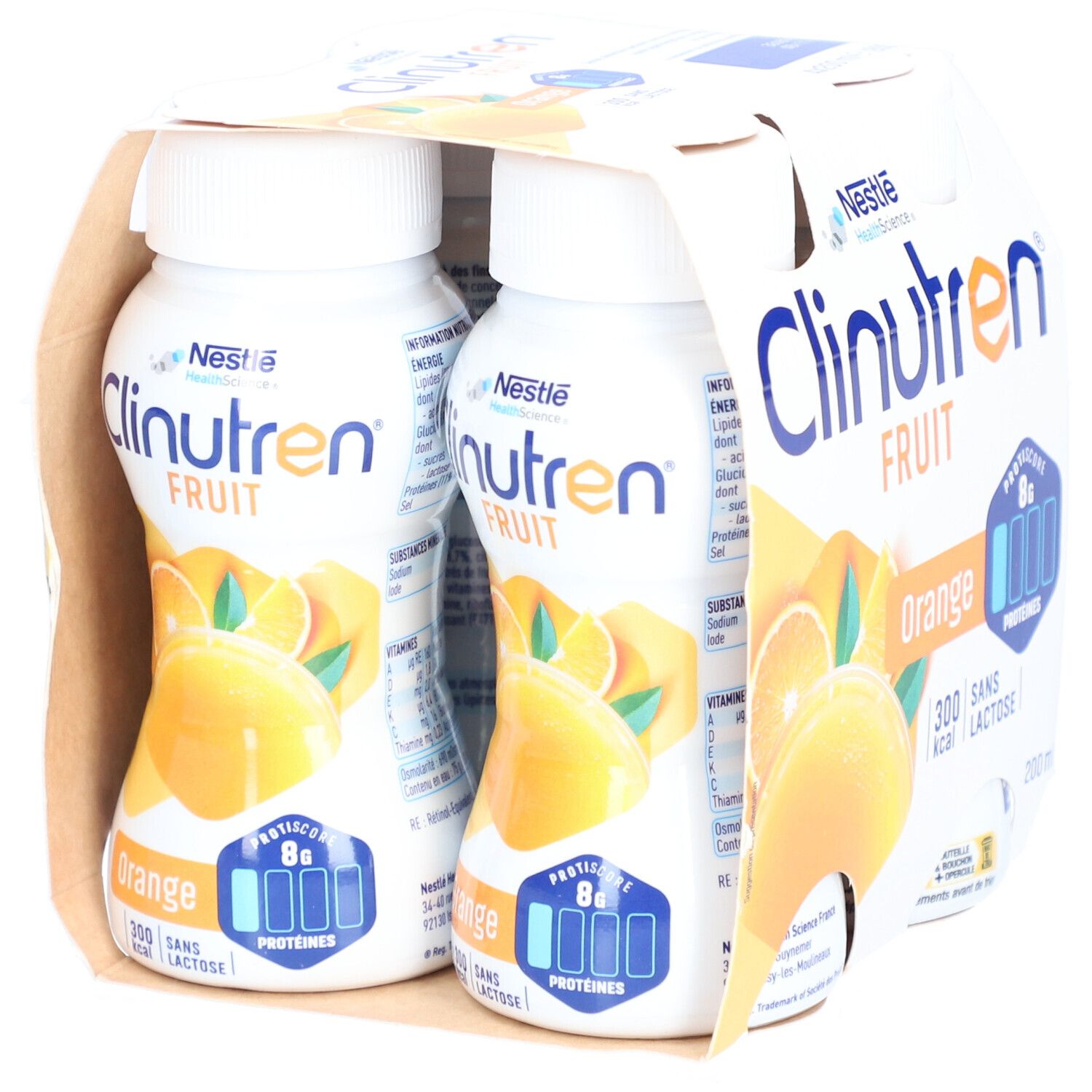 Emballage de quatre bouteilles Clinutren Fruit Orange. Deux bouteilles sont visibles, avec des étiquettes affichant des informations.