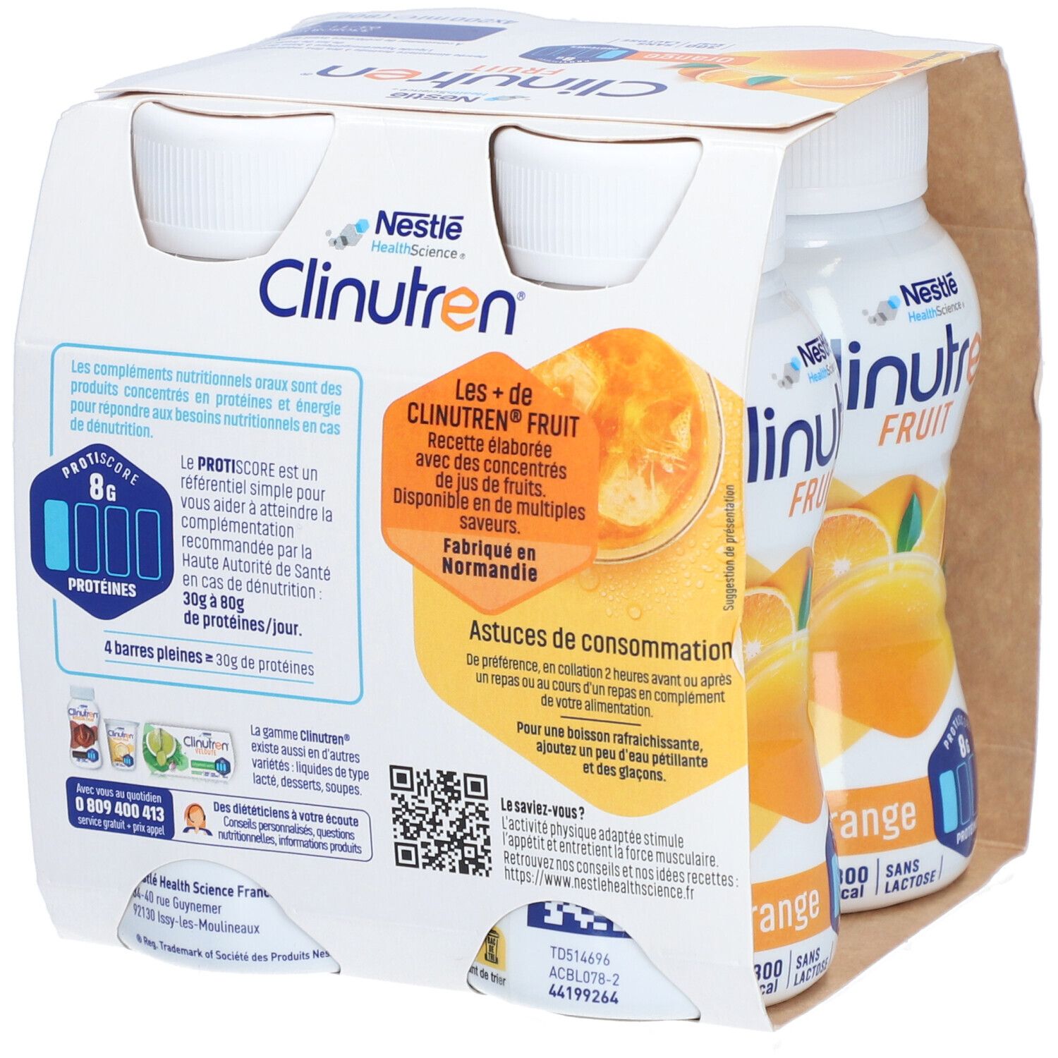 Dos de l'emballage Clinutren Fruit Orange. Informations textuelles et conseils d'utilisation visibles.