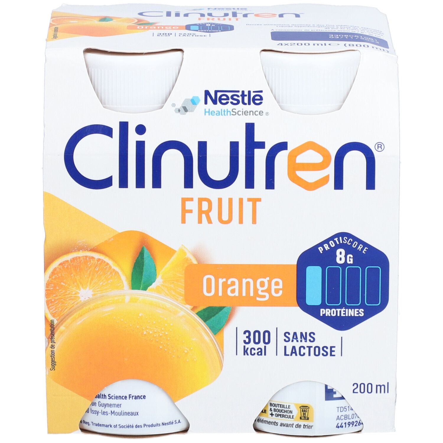 Emballage de quatre bouteilles Clinutren Fruit Orange. La face avant affiche des informations sur le produit et un design orange.