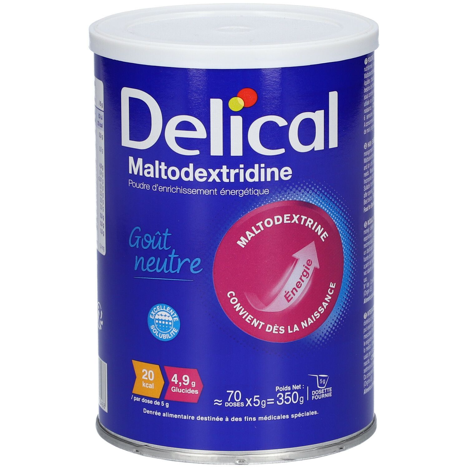 Boîte bleue et blanche Delical Maltodextrine. Inscription : Maltodextrine, Gout neutre. Cercle rose avec flèche et texte. 70 doses x 5g.