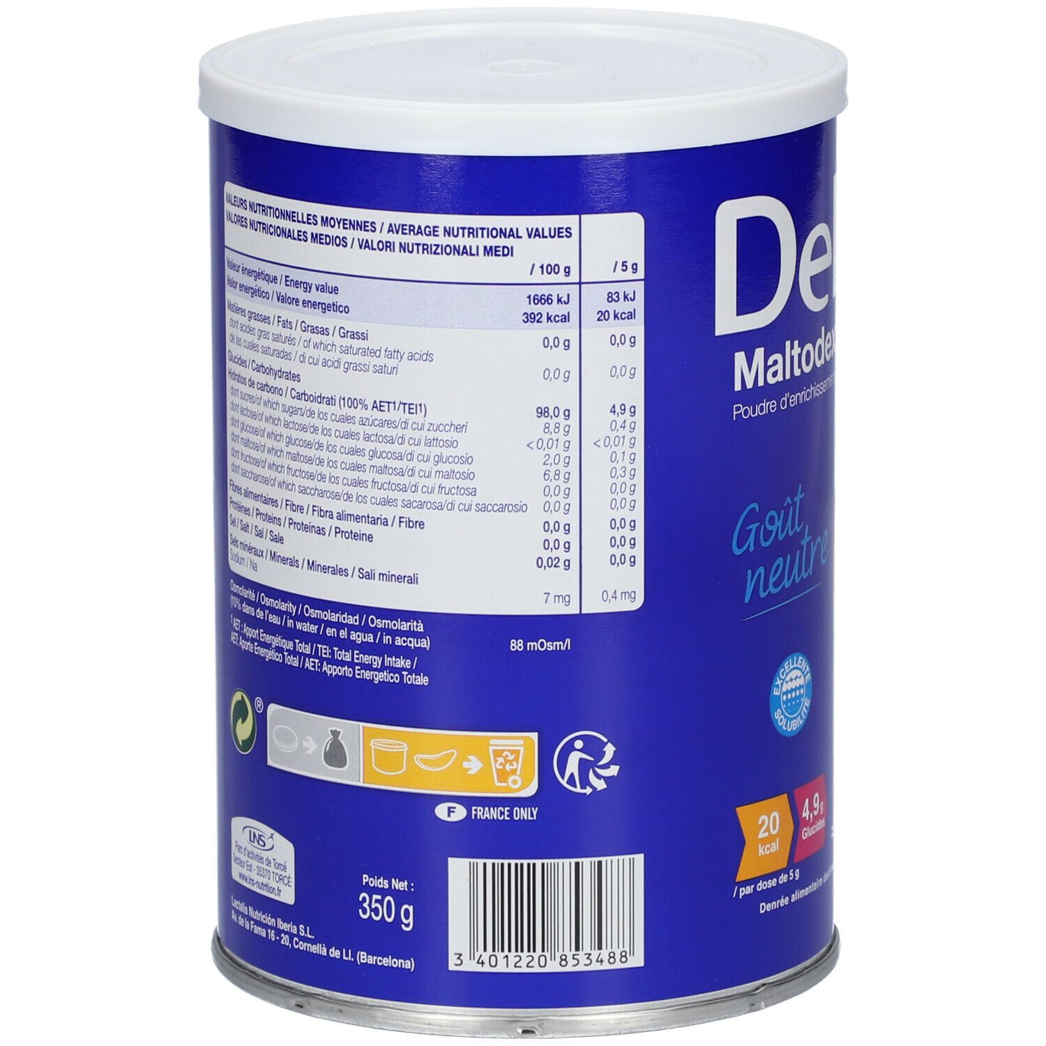 Dos de la boîte Delical Maltodextrine. Contient des informations nutritionnelles. Texte en français et italien. 350g. Fabriqué en France.
