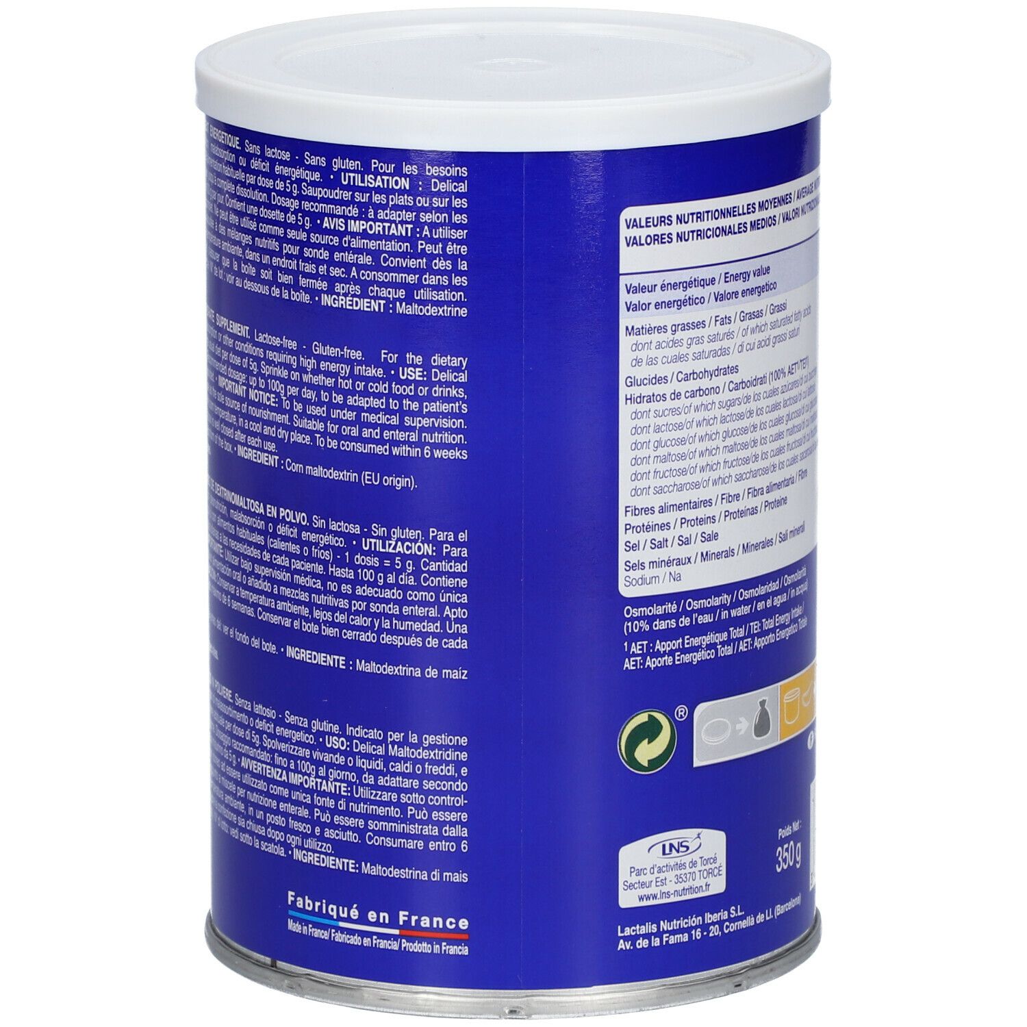 Boîte Delical Maltodextrine, dos. Texte en français, italien et espagnol. 350g. Fabriqué en France. Sans gluten.