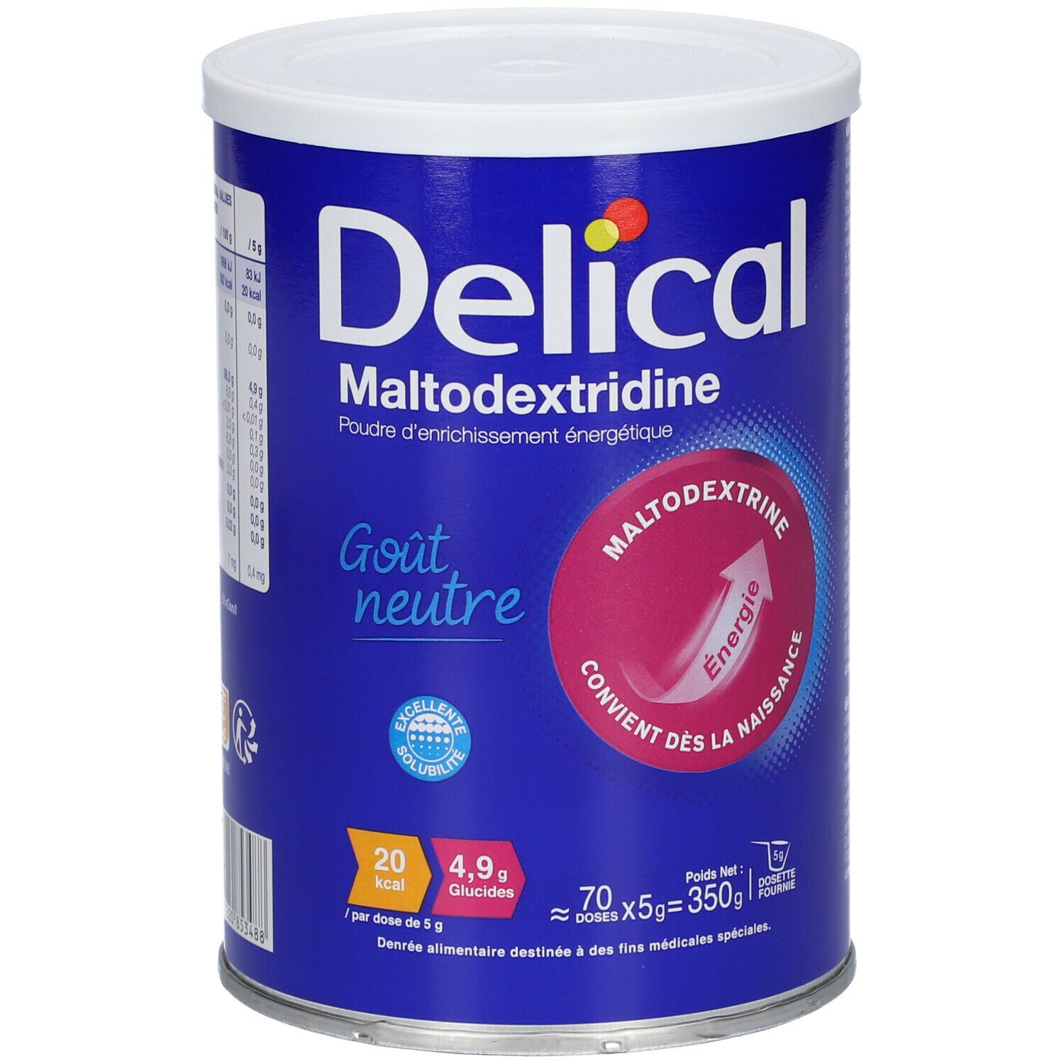 Boîte bleue et blanche Delical Maltodextrine. Inscription : Maltodextrine, Gout neutre. Cercle rose avec flèche et texte. 70 doses x 5g.