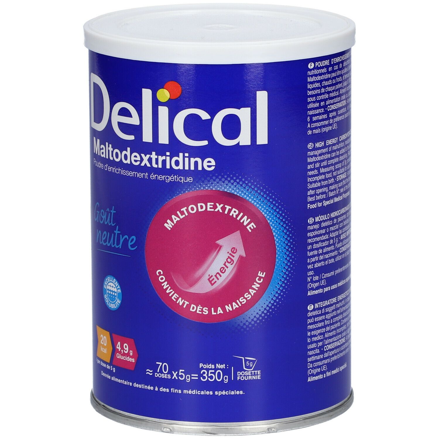 Boîte bleue et blanche Delical Maltodextrine. Inscription : Maltodextrine, Gout neutre. Cercle rose avec flèche et texte. 70 doses x 5g.