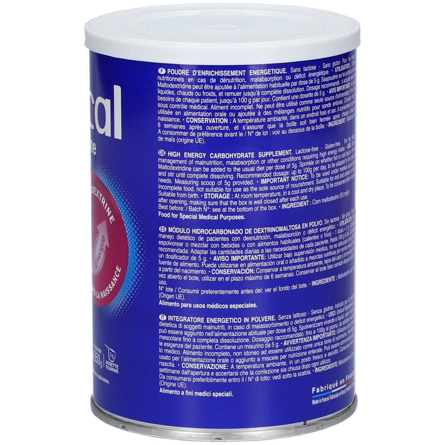 Dos de la boîte Delical Maltodextrine. Texte en français, anglais, espagnol et italien. 350g. Pour usages médicaux.