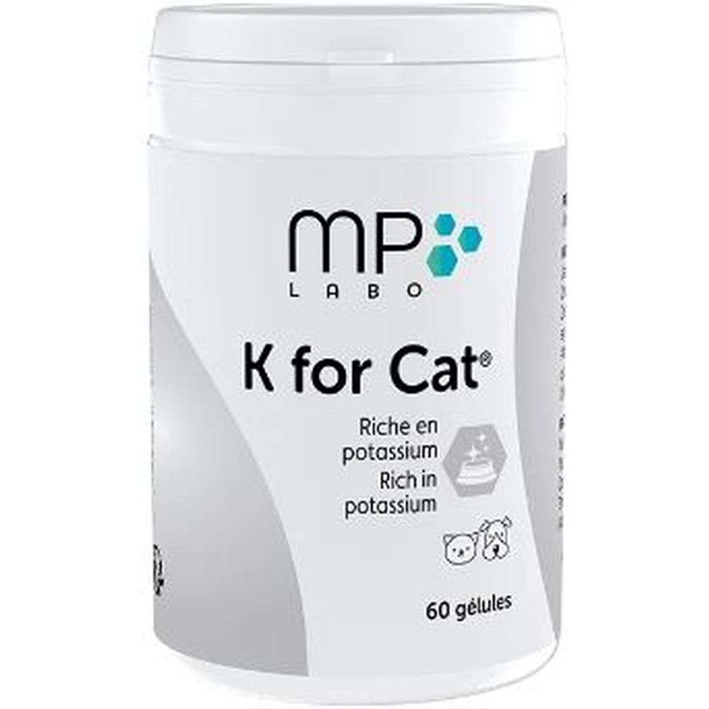 Weiße Dose mit "K for Cat®". Enthält 60 Kapseln. Aufschrift: "Riche en potassium".
