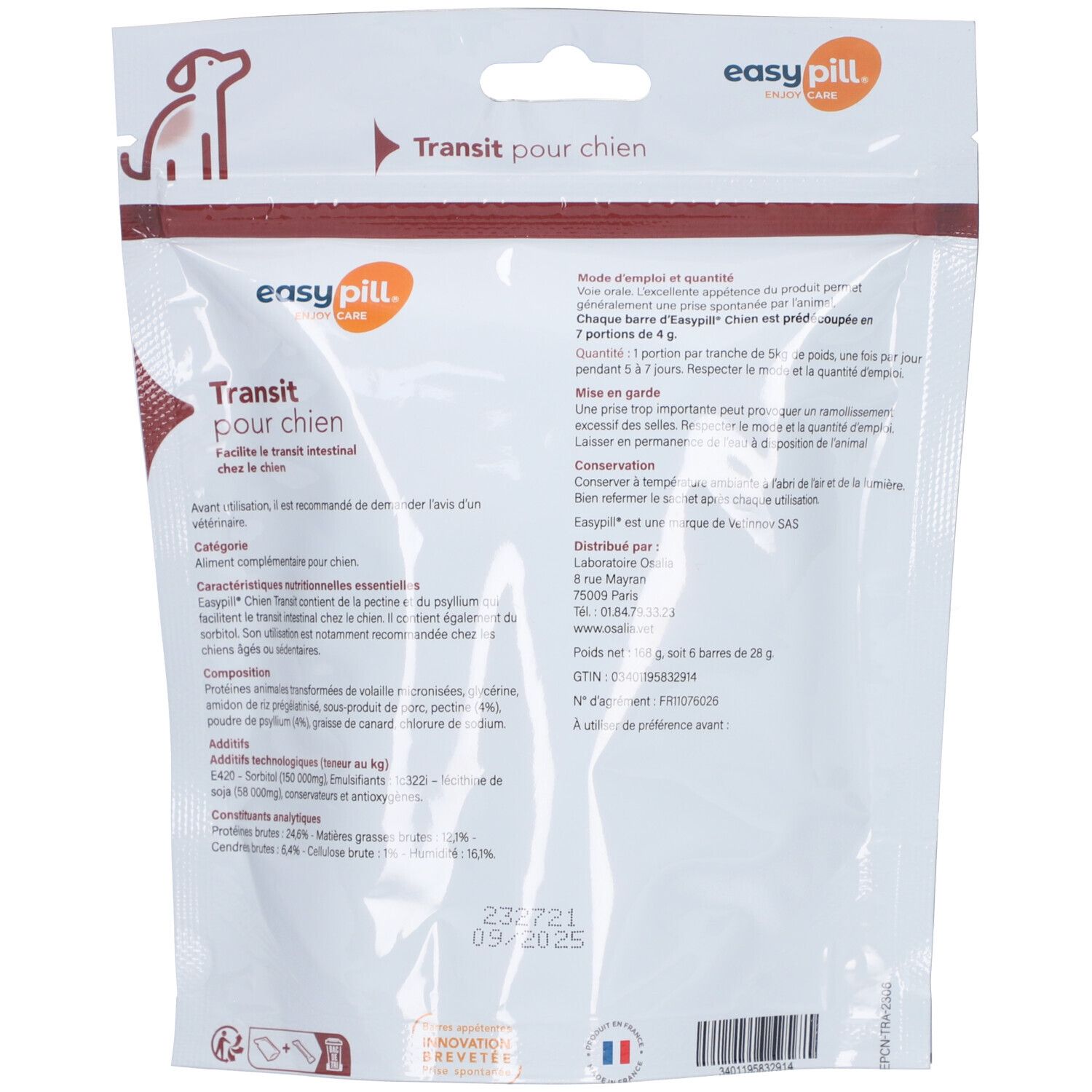 Dos du sachet avec texte. "easy pill" et "Transit pour chien" visibles. Texte en français.