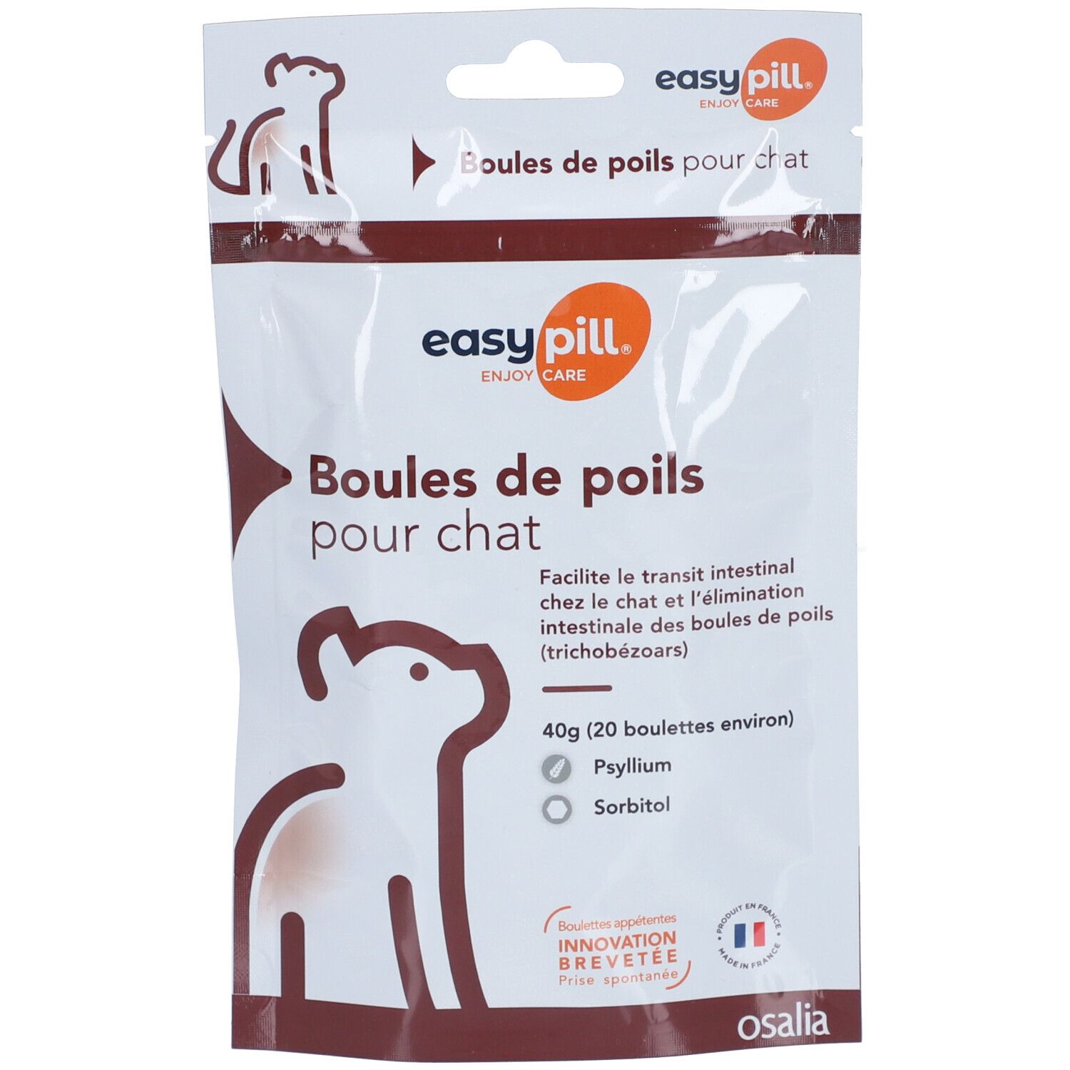 Sachet EASYPILL. Texte: Boules de poils pour chat. Contient 40g de boules, Psyllium et Sorbitol. Logo chat.