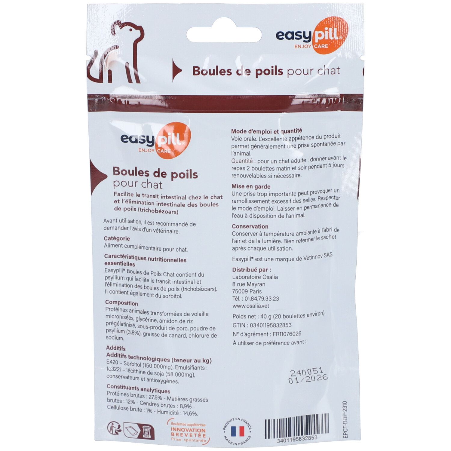 Dos du sachet EASYPILL. Texte: Boules de poils pour chat. Ingrédients, mode d'emploi, informations fabricant.