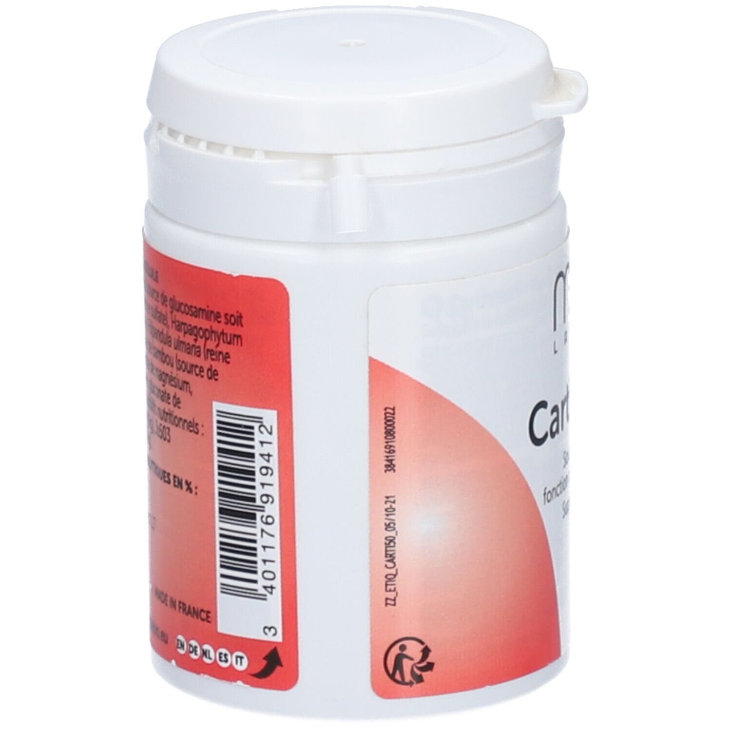 Rückseite der weißen Dose. Rotes Etikett mit Inhaltsstoffen und Barcode. Hergestellt in Frankreich. Recycling-Symbol.