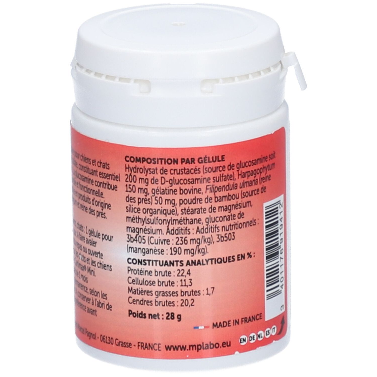 Rotes Etikett mit Inhaltsangaben pro Gelatinekapsel. Enthält u.a. Glucosamin, Chondroitinsulfat, Bambus.