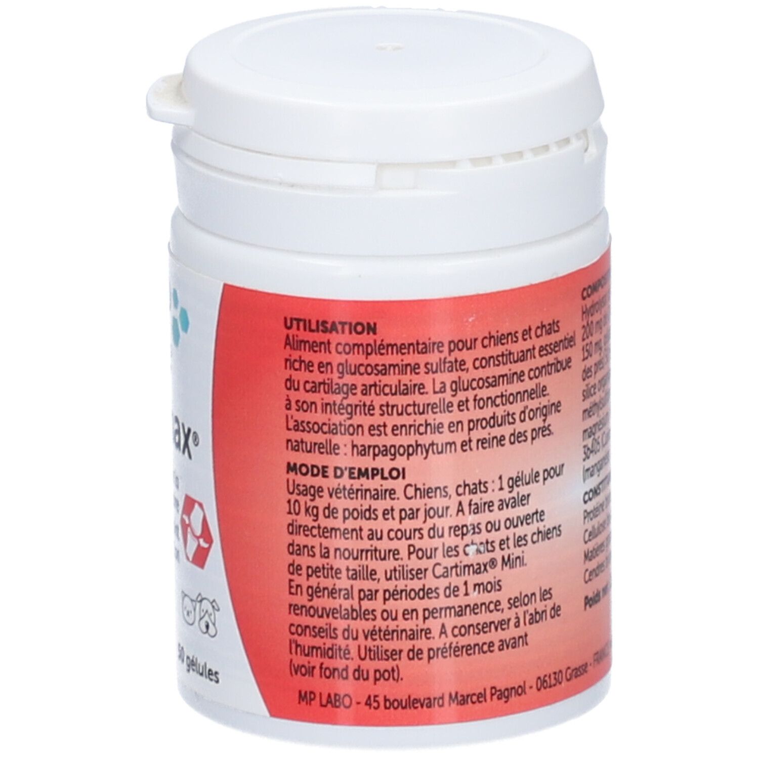 Rückseite der weißen Dose. Rotes Etikett mit Anwendungshinweisen für Hunde und Katzen. 50 Kapseln.