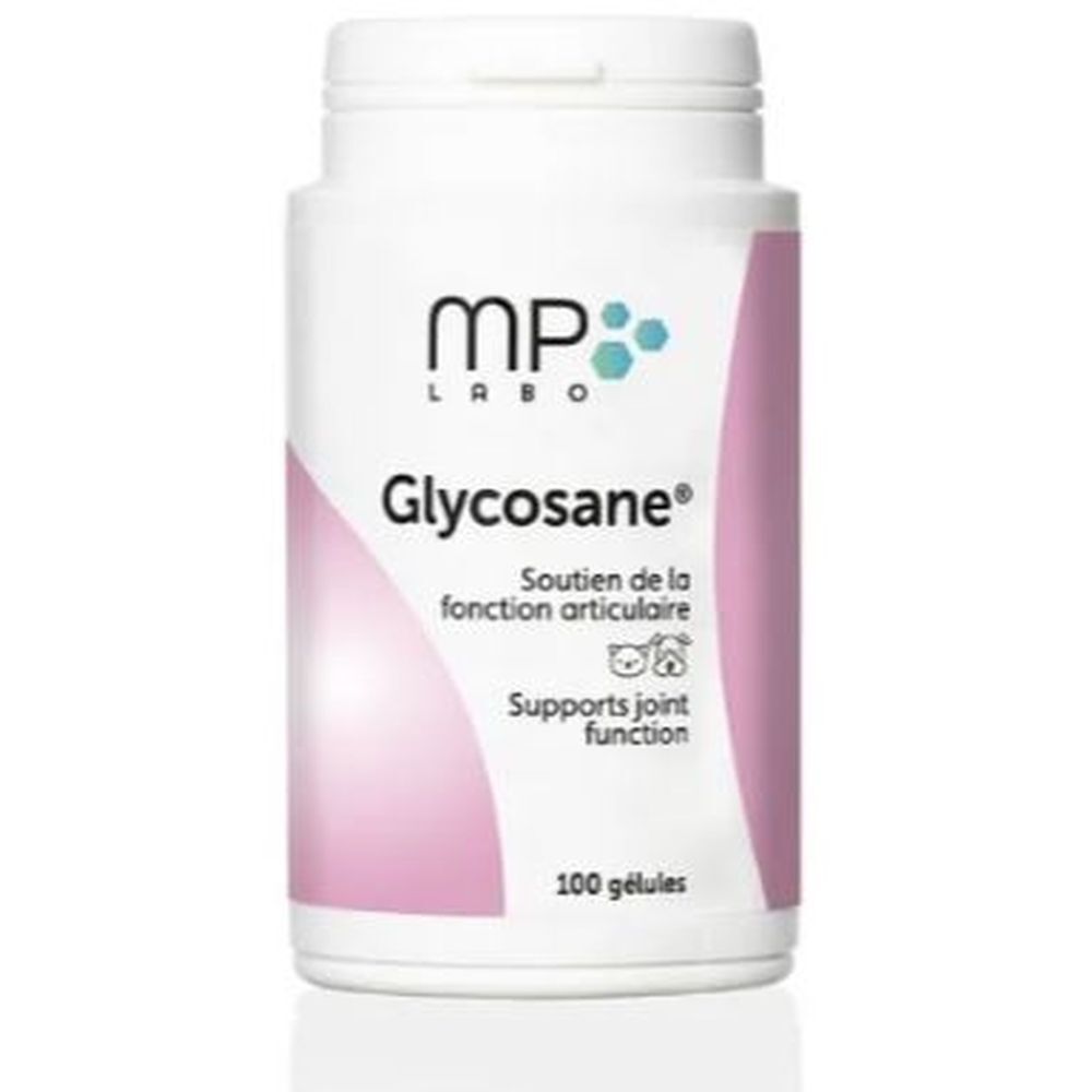 Flacon blanc avec étiquette rose. Inscription: Glycosane, MP LABO. Soutien de la fonction articulaire. 100 gélules.