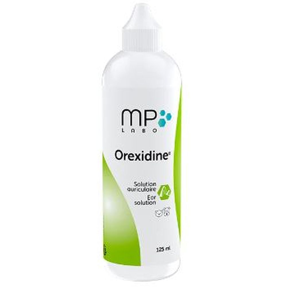 Witte fles met MP Labo Orexidine. Groene accenten en productnaam. Druppelkap.