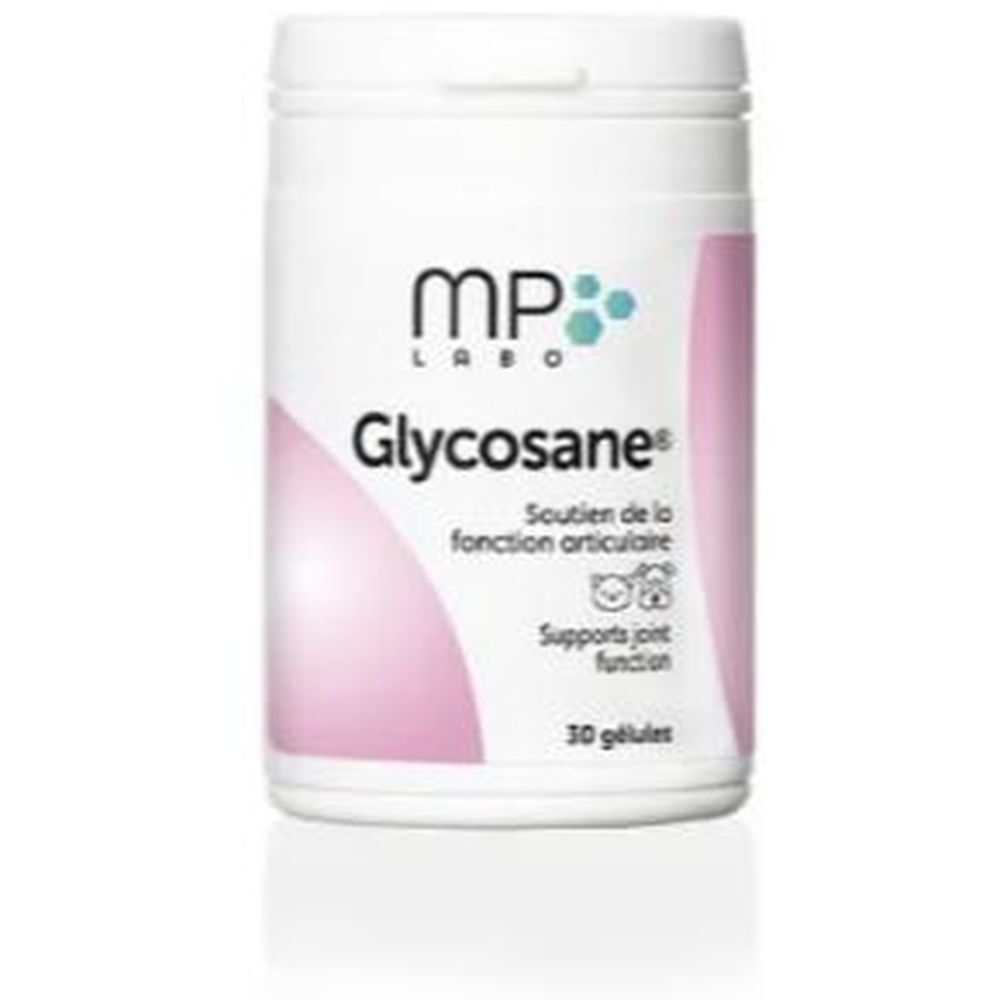 Witte pot met roze accenten. Opschrift: Glycosane®, MP Labo. 30 capsules. Ondersteunt de gewrichtsfunctie.
