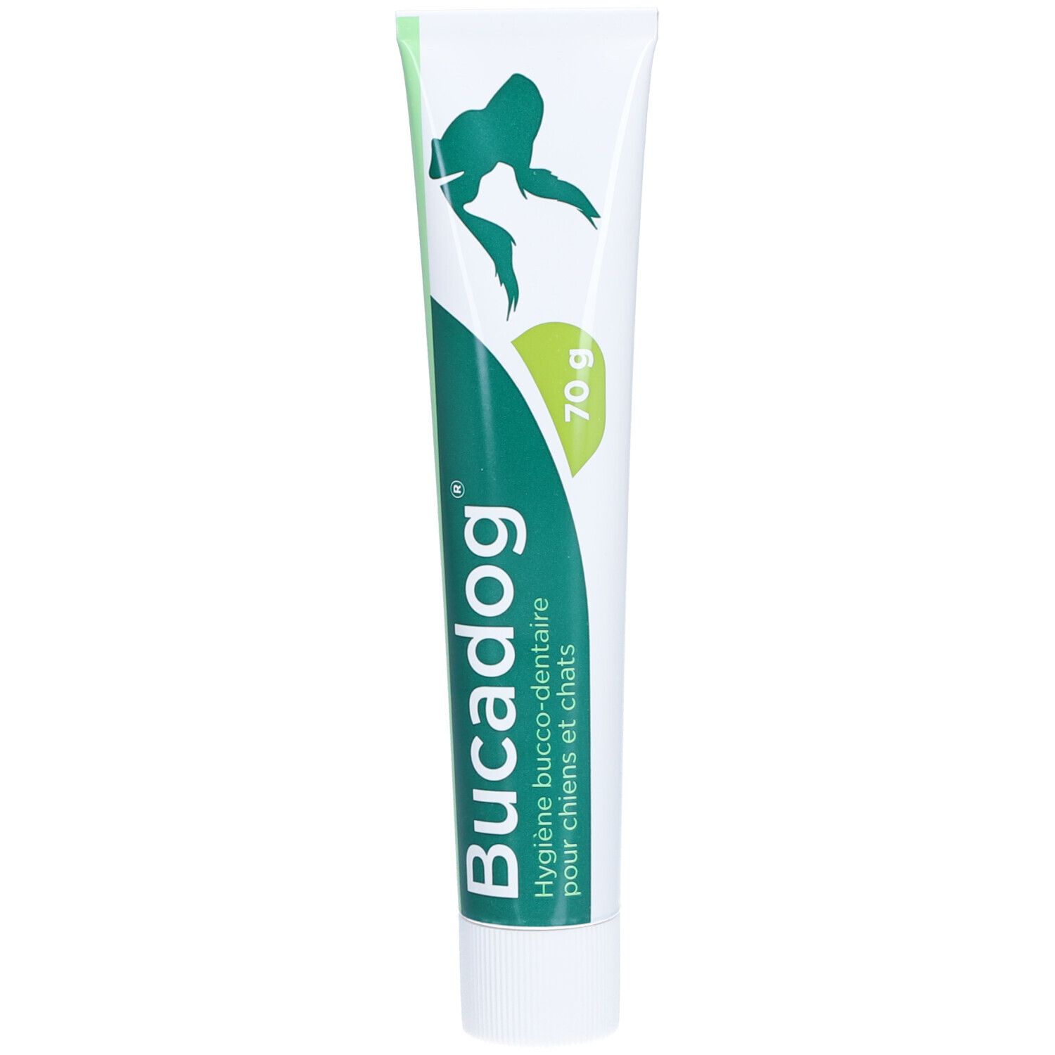 Tube de dentifrice avec logo vert et texte. Inscription: Bucadog, Hygiène bucco-dentaire pour chiens et chats, 70 g.