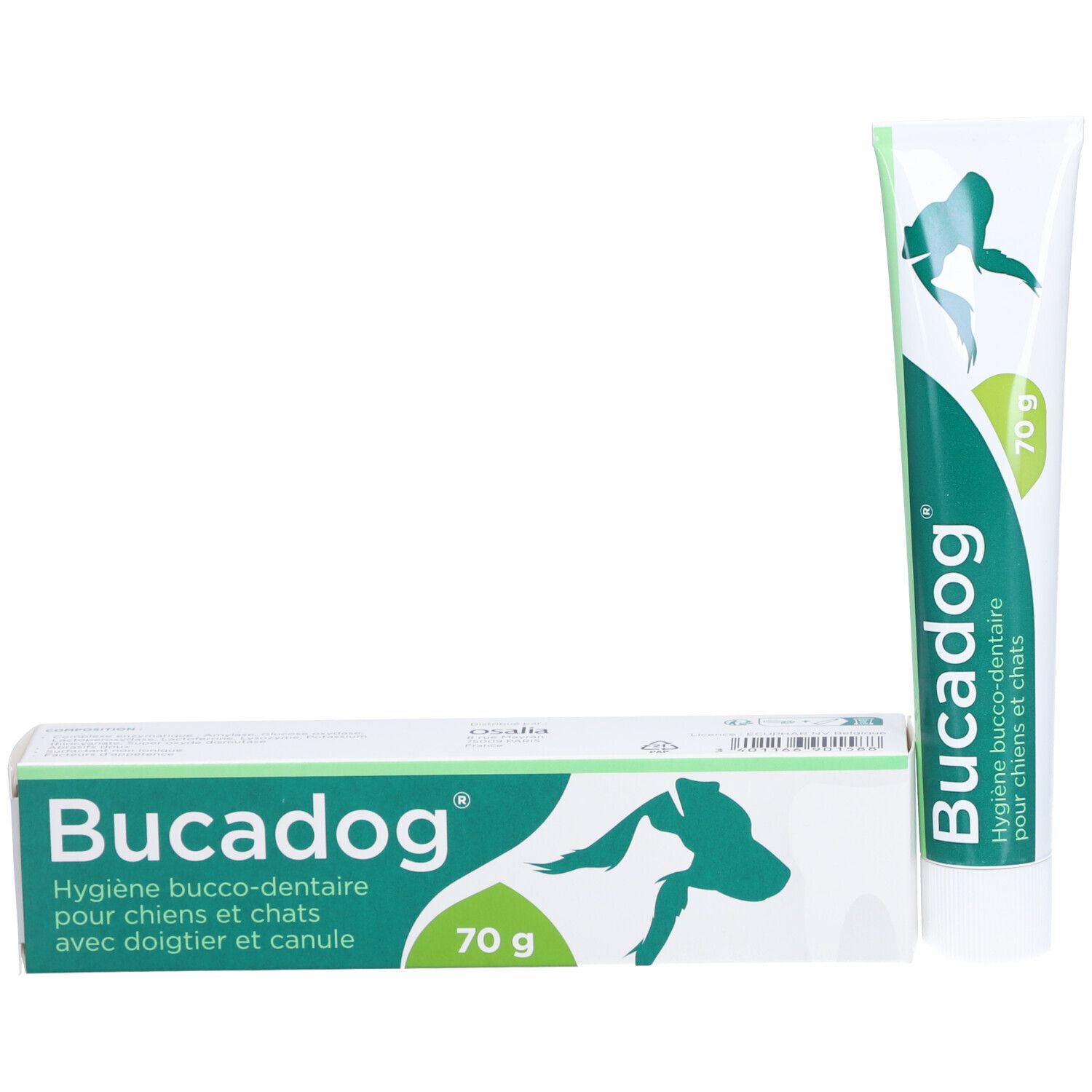 Tube de dentifrice et boîte. Inscription: Bucadog, Hygiène bucco-dentaire pour chiens et chats, 70 g. Avec doigtier et canule.