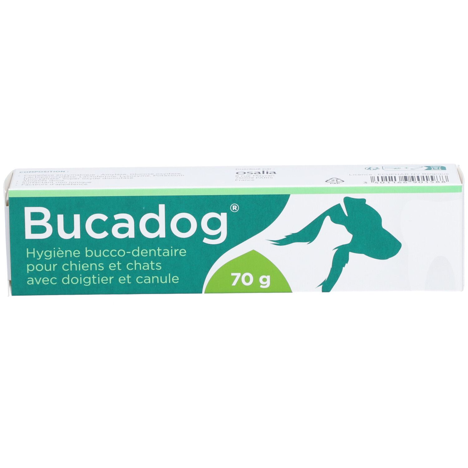 Boîte avec logo vert et texte. Inscription: Bucadog, Hygiène bucco-dentaire pour chiens et chats, 70 g. Avec doigtier et canule.