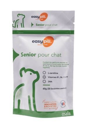 Sachet avec logo et nom du produit. Texte: Senior pour chat. Contient L-carnitine, vitamines et DHA. 60g (30 comprimés).