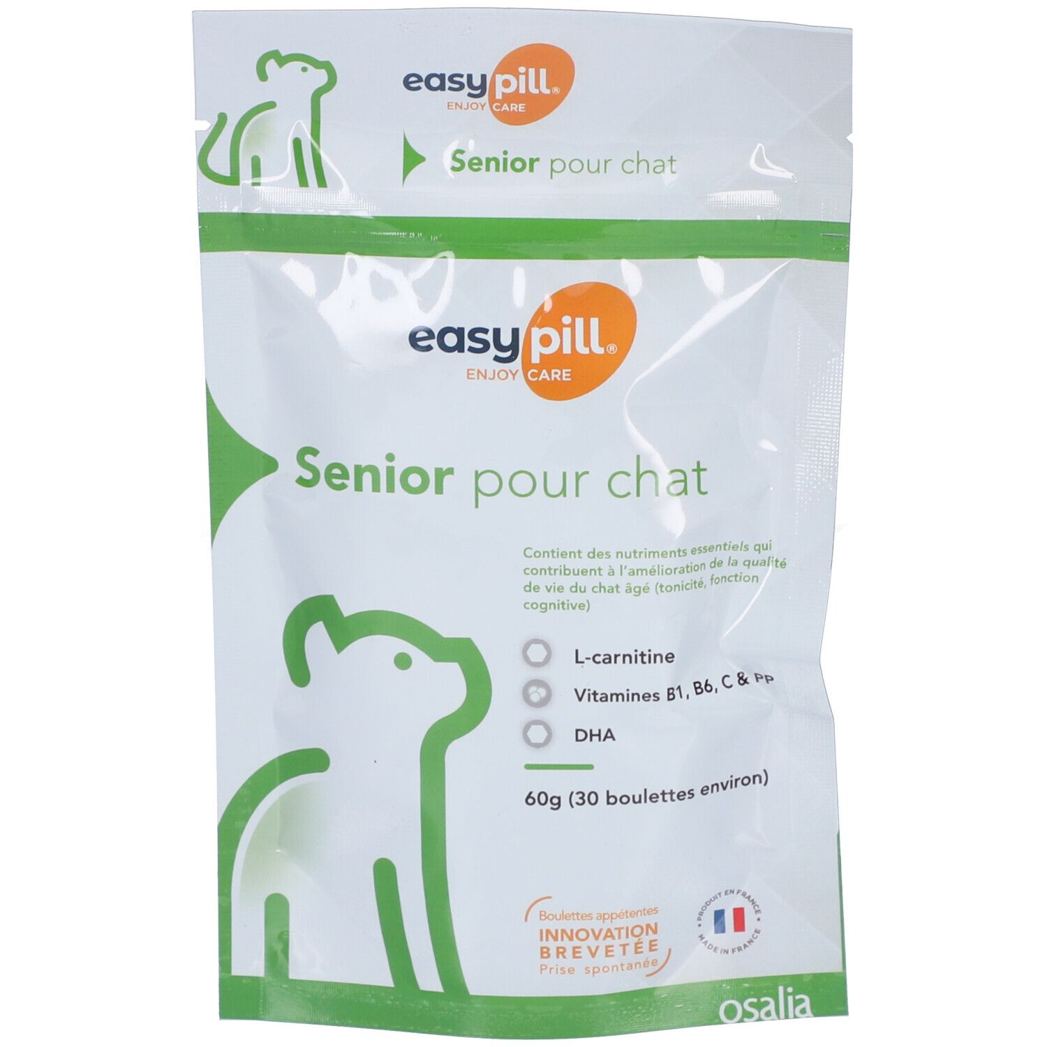 Emballage du produit avec logo et nom. Texte: Senior pour chat. Contient L-carnitine, vitamines et DHA. 60g (30 comprimés).