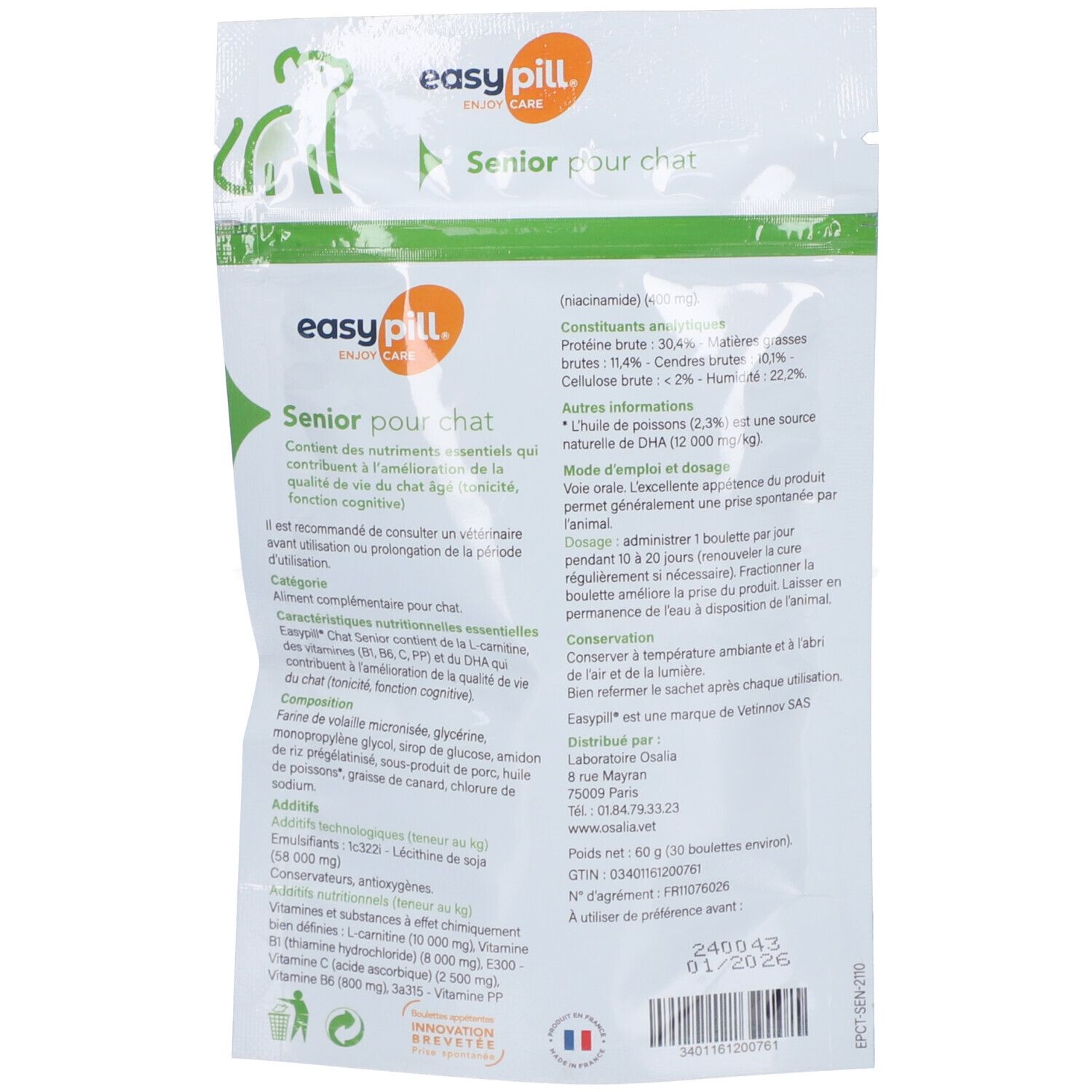 Dos de l'emballage du produit. Texte: Senior pour chat. Informations sur les ingrédients, l'utilisation et le stockage. 60g (30 comprimés).