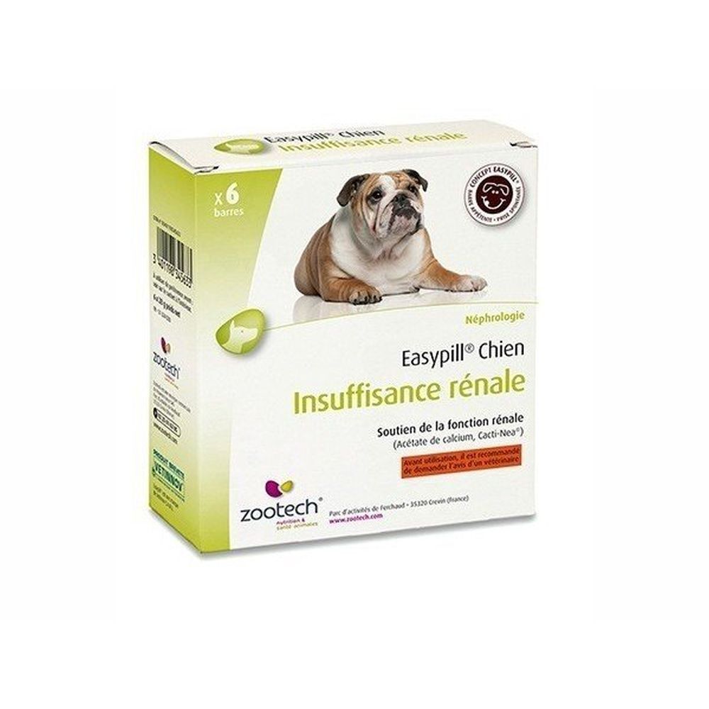 Boîte avec image et texte. Contient 6 sachets. Inscription: Easypill Chien Insuffisance rénale.