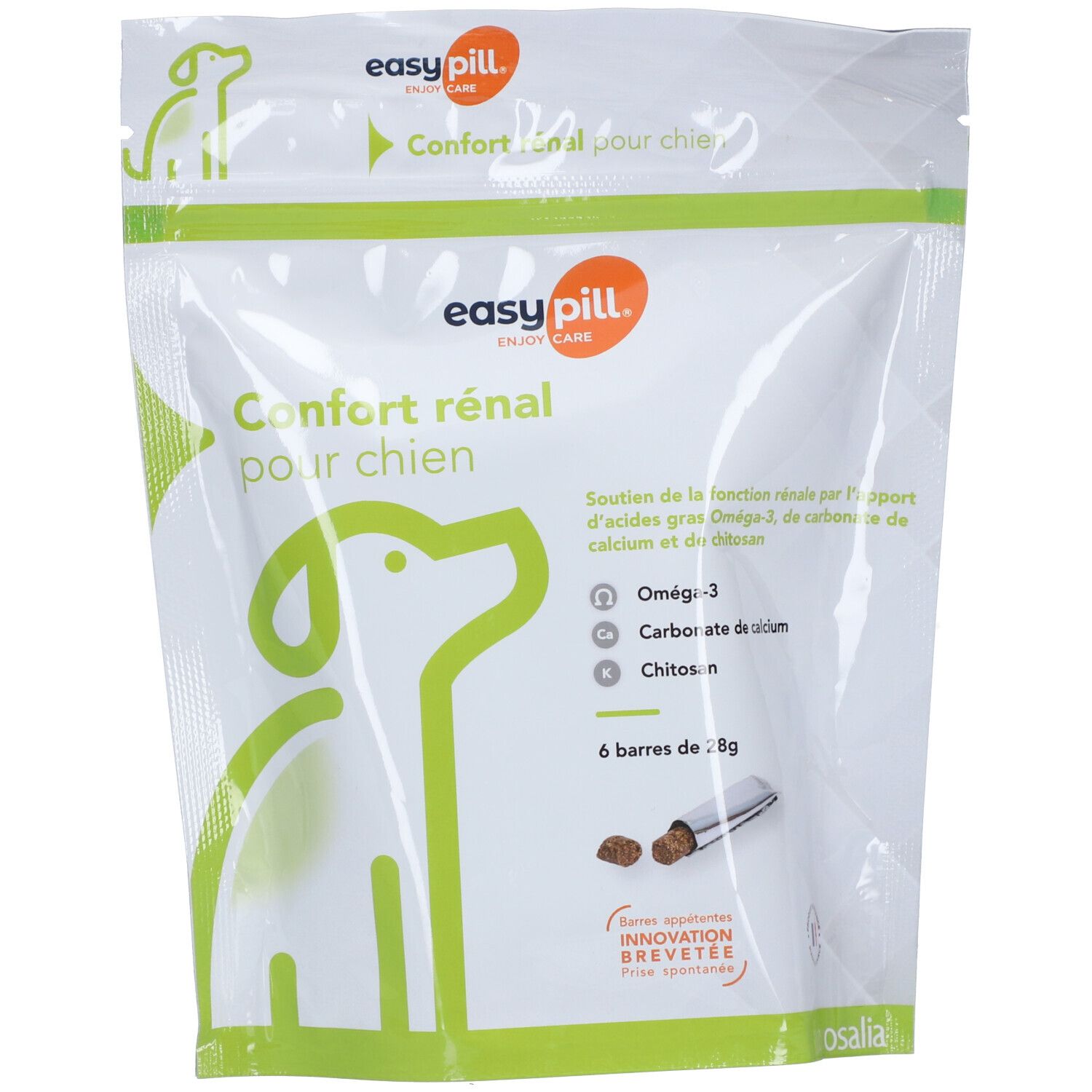 Sachet avec image et texte. Contient 6 barres. Inscription: Easypill Confort rénal pour chien.