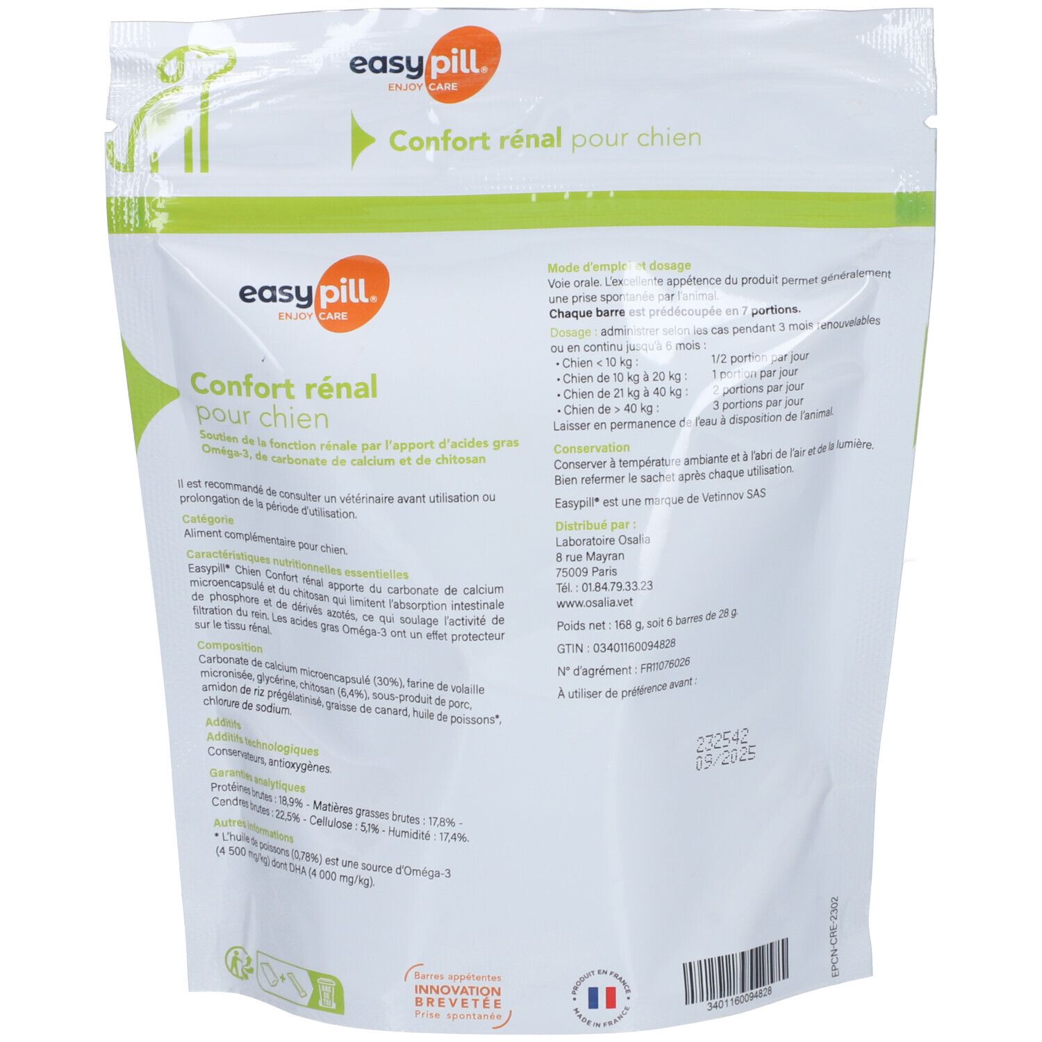 Dos du sachet avec texte. Contient des informations sur le produit et son utilisation. Inscription: Easypill Confort rénal pour chien.
