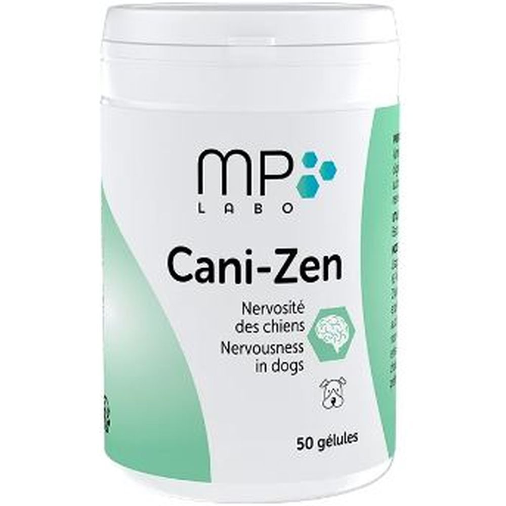 Boîte blanche avec étiquette verte. Inscription: MP LABO, Cani-Zen, Nervosité chez les chiens. 50 gélules.