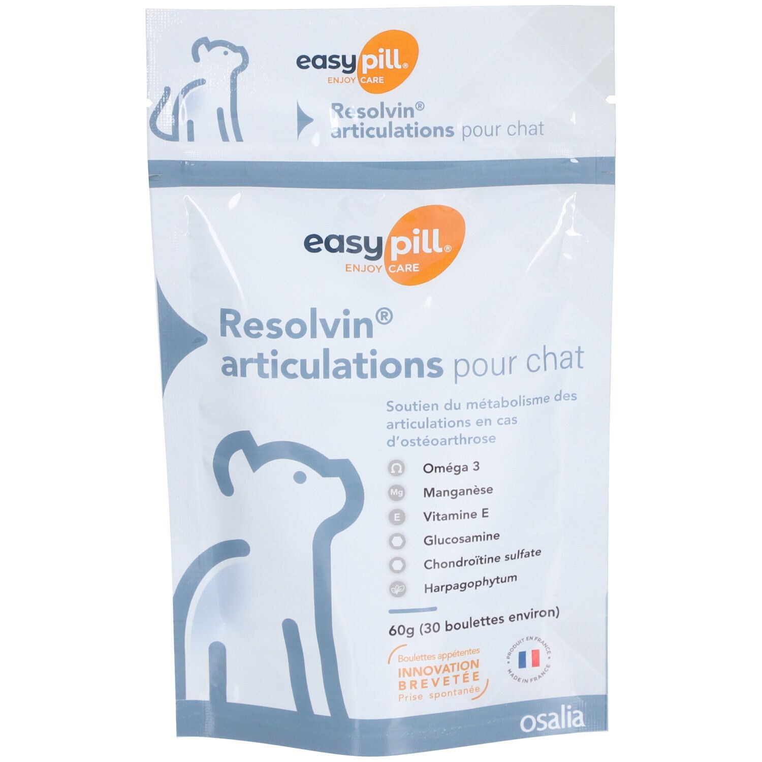 Emballage du produit avec informations. Texte: Resolvin® articulations pour chat. Marque: easy pill. Contient Oméga 3, Manganèse, Vitamine E, Glucosamine.