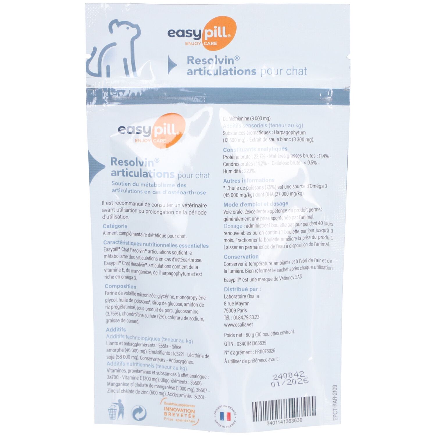 Dos de l'emballage du produit avec texte. Contient des informations sur les ingrédients, le dosage et le fabricant. Marque: easy pill.