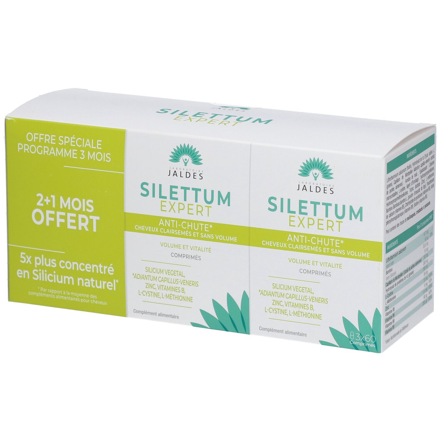 Boîte blanche avec deux boîtes de produit. Inscription : SILETTUM EXPERT, Anti-chute. Autocollants verts et blancs avec texte.