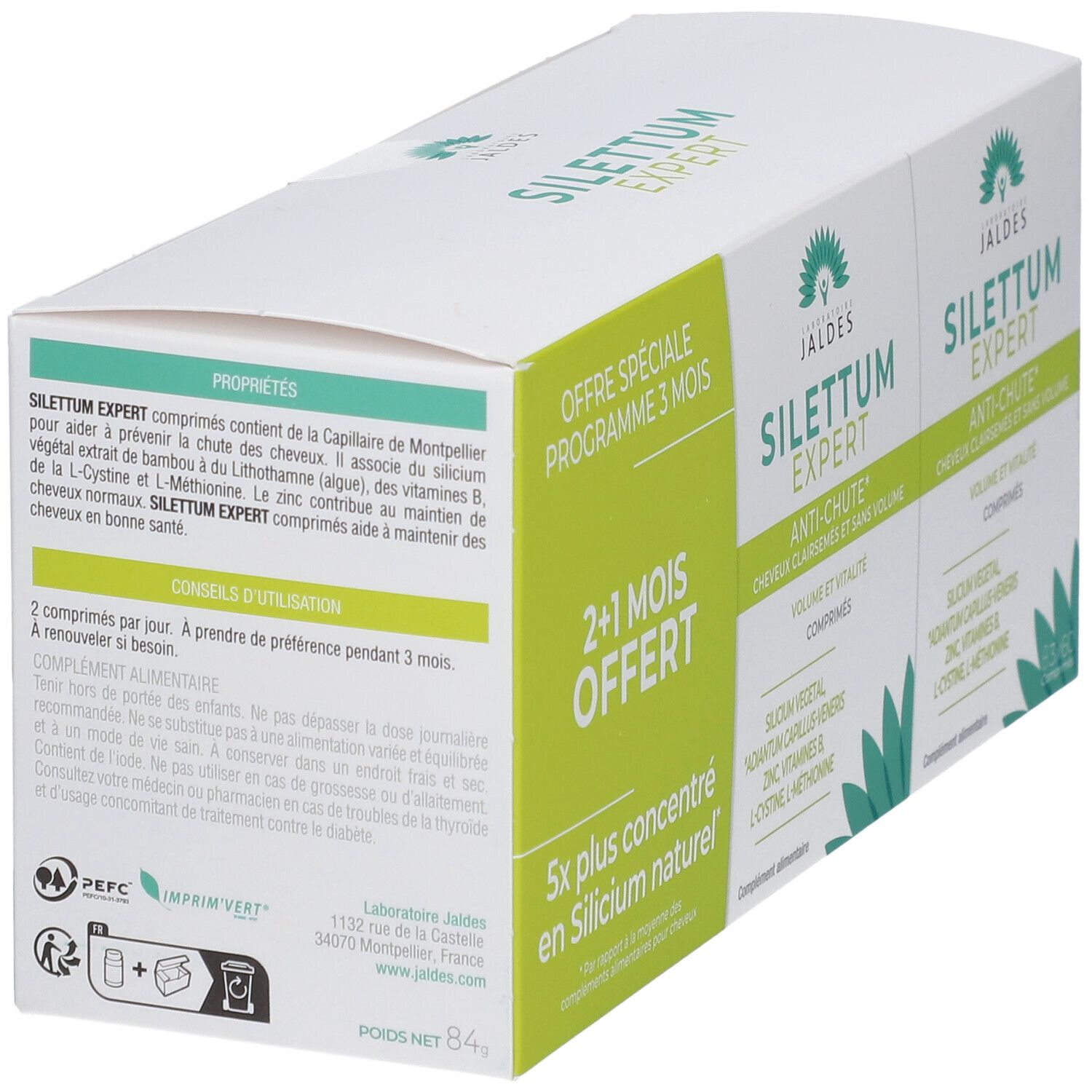 Boîte blanche avec deux boîtes de produit. Inscription : SILETTUM EXPERT, Anti-chute. Autocollants verts et blancs avec texte. Dos avec texte.