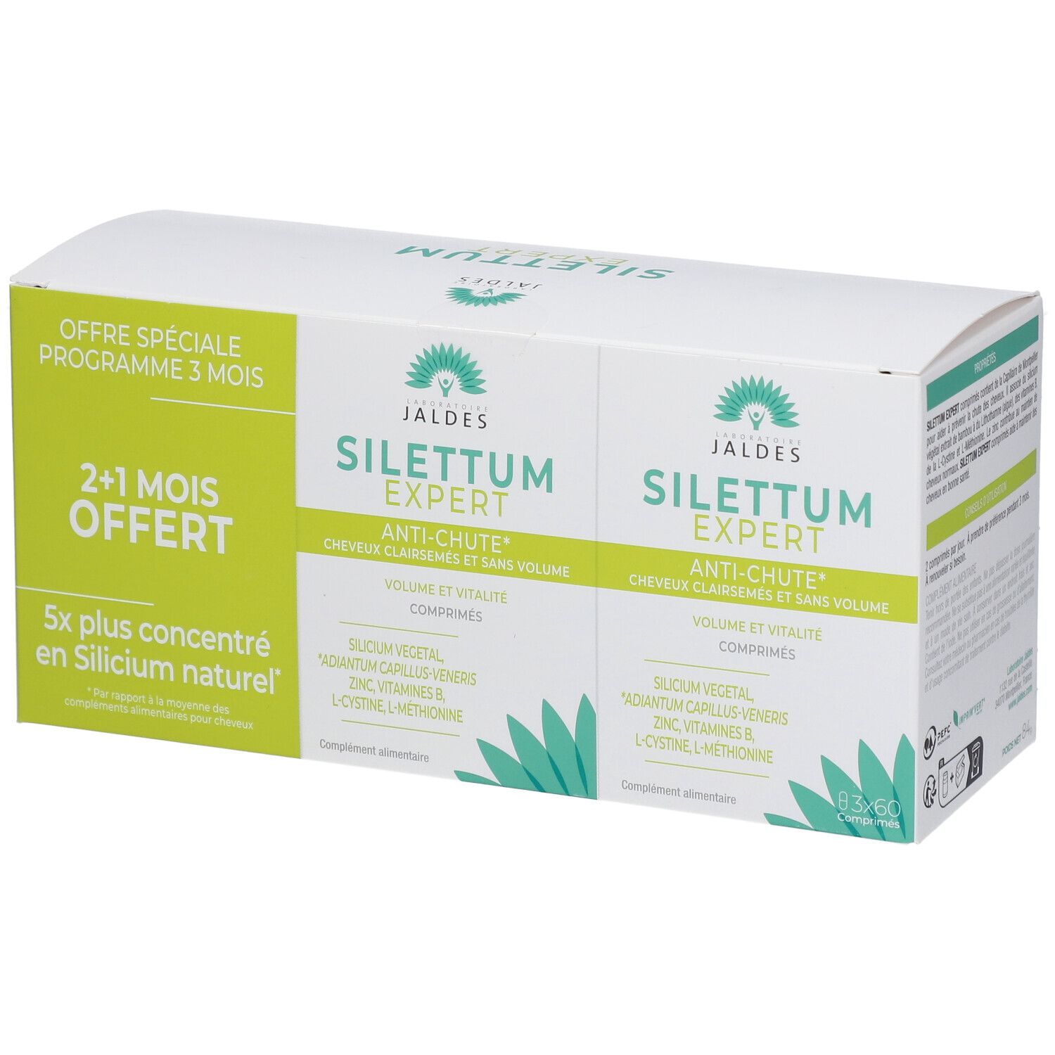 Boîte blanche avec deux boîtes de produit. Inscription : SILETTUM EXPERT, Anti-chute. Autocollants verts et blancs avec texte.