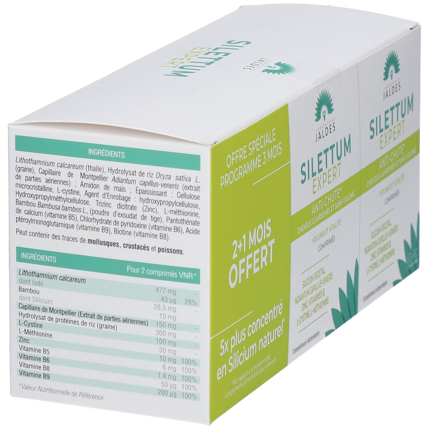 Boîte blanche avec deux boîtes de produit. Inscription : SILETTUM EXPERT, Anti-chute. Autocollants verts et blancs avec texte. Liste des ingrédients.