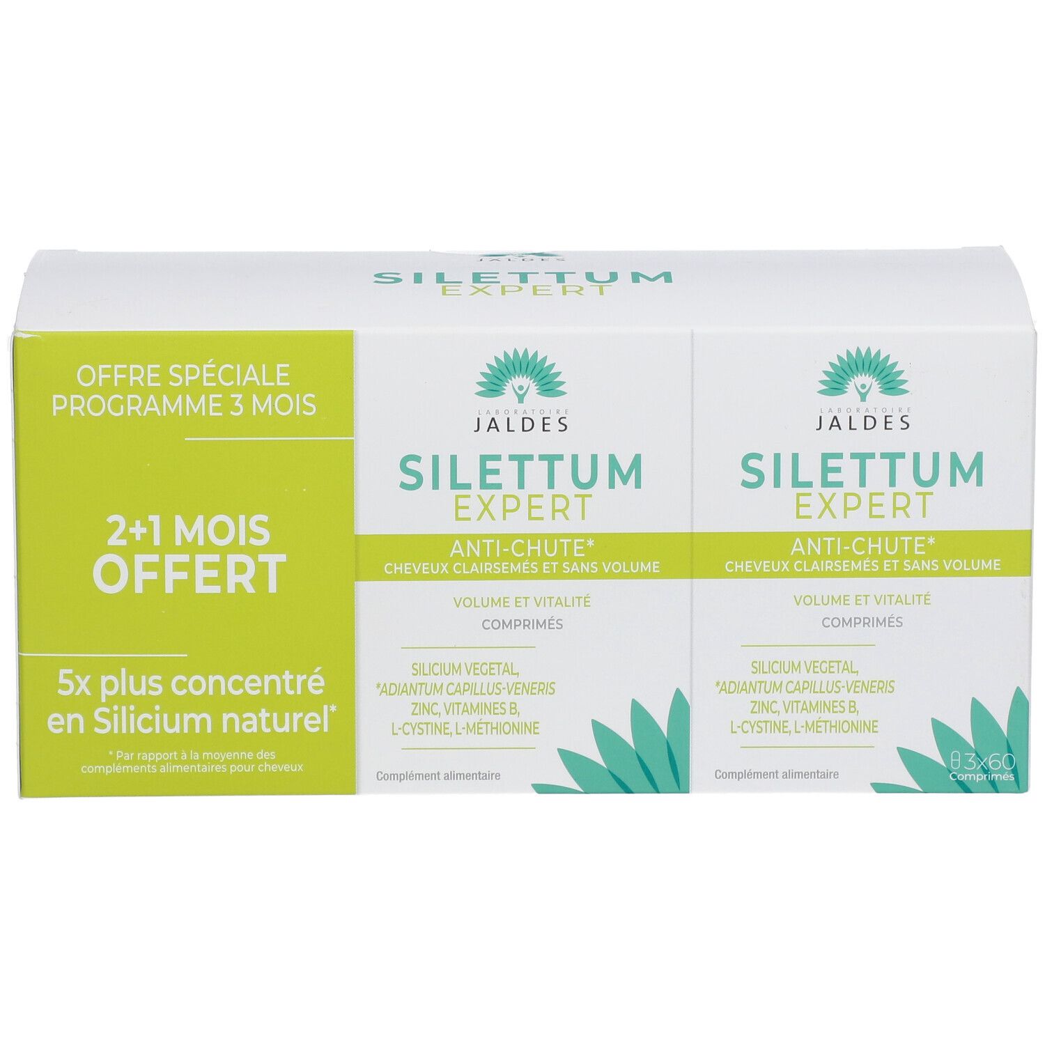 Boîte blanche avec deux boîtes de produit. Inscription : SILETTUM EXPERT, Anti-chute. Autocollants verts et blancs avec texte.