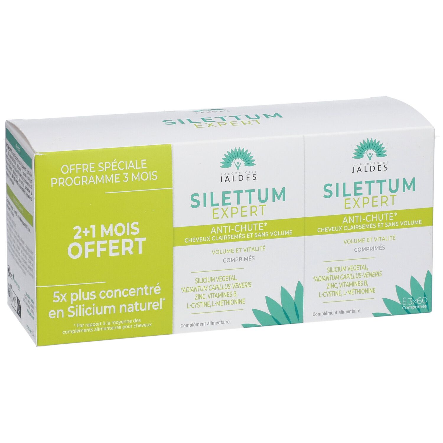 Boîte blanche avec deux boîtes de produit. Inscription : SILETTUM EXPERT, Anti-chute. Autocollants verts et blancs avec texte.