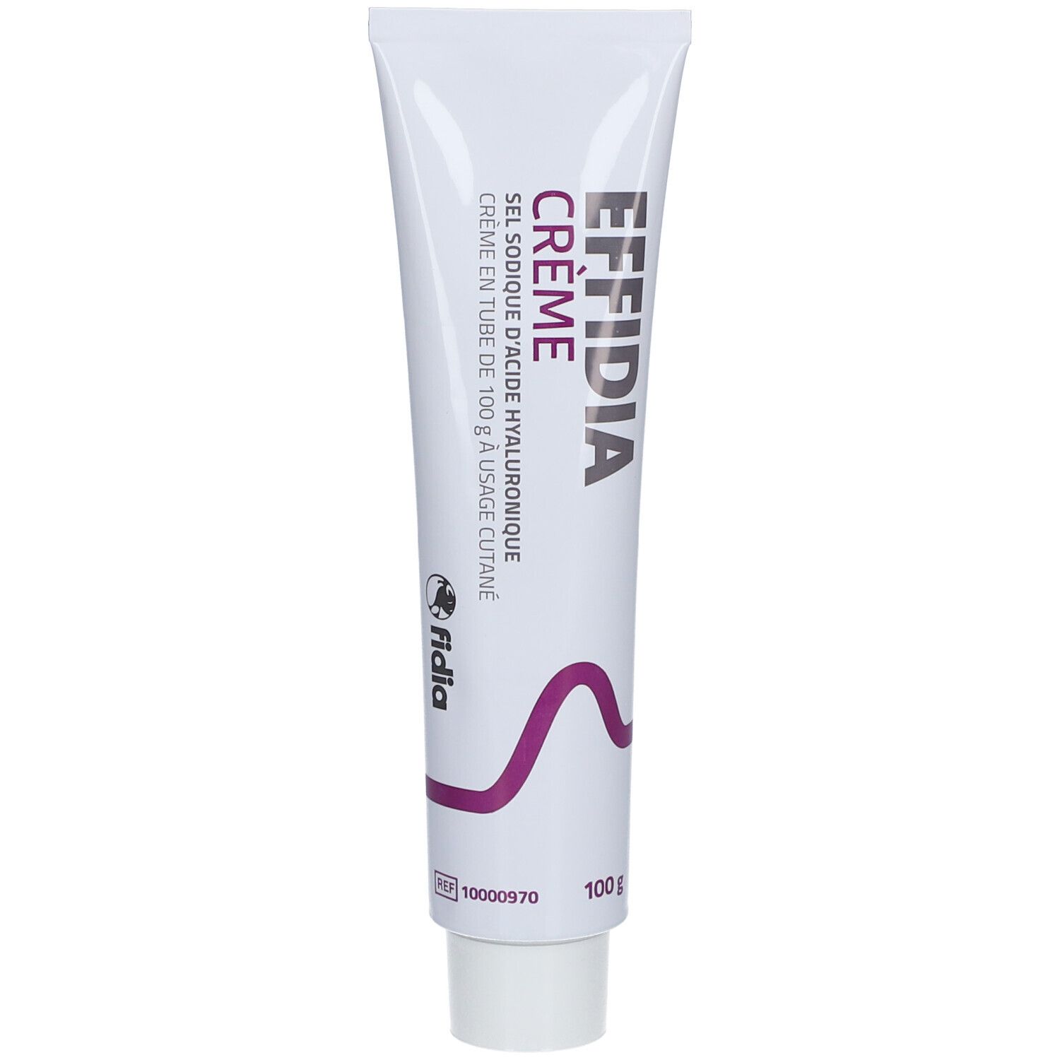 Tube blanche avec accents violets. Inscription: EFFIDIA Crème. Contient de l'acide hyaluronique. Logo: Fidia. 100 g.