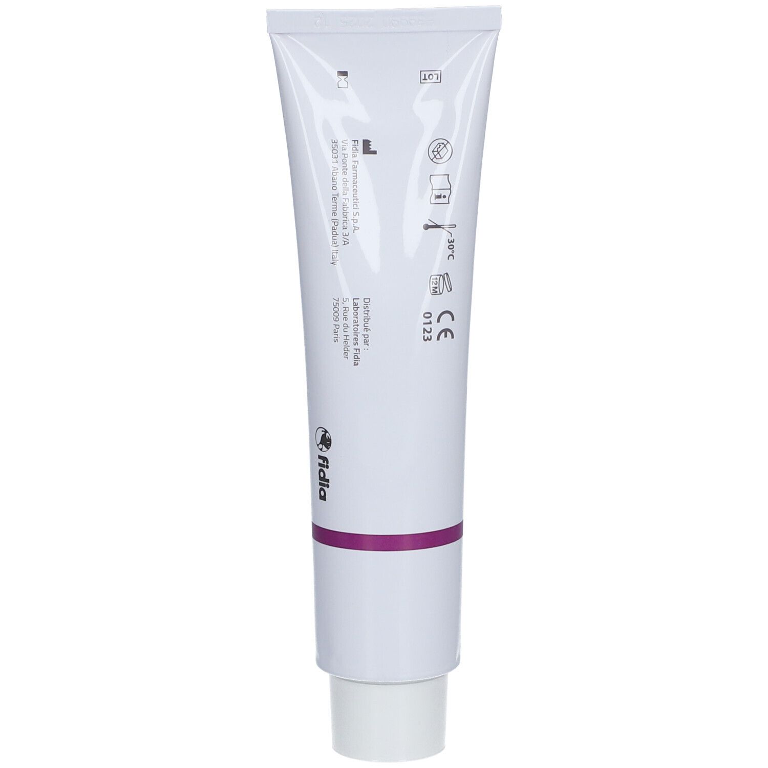 Dos du tube blanc. Informations sur le fabricant, la distribution et le marquage CE (0123).