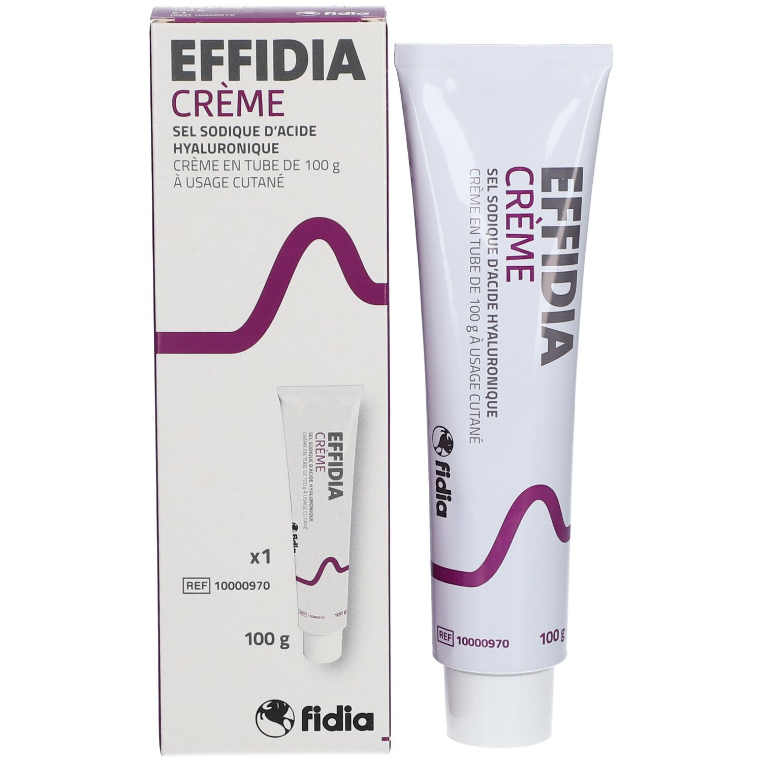 Emballage du produit avec tube. Boîte avec inscription: EFFIDIA Crème. Tube à côté. Logo: Fidia. 100 g.
