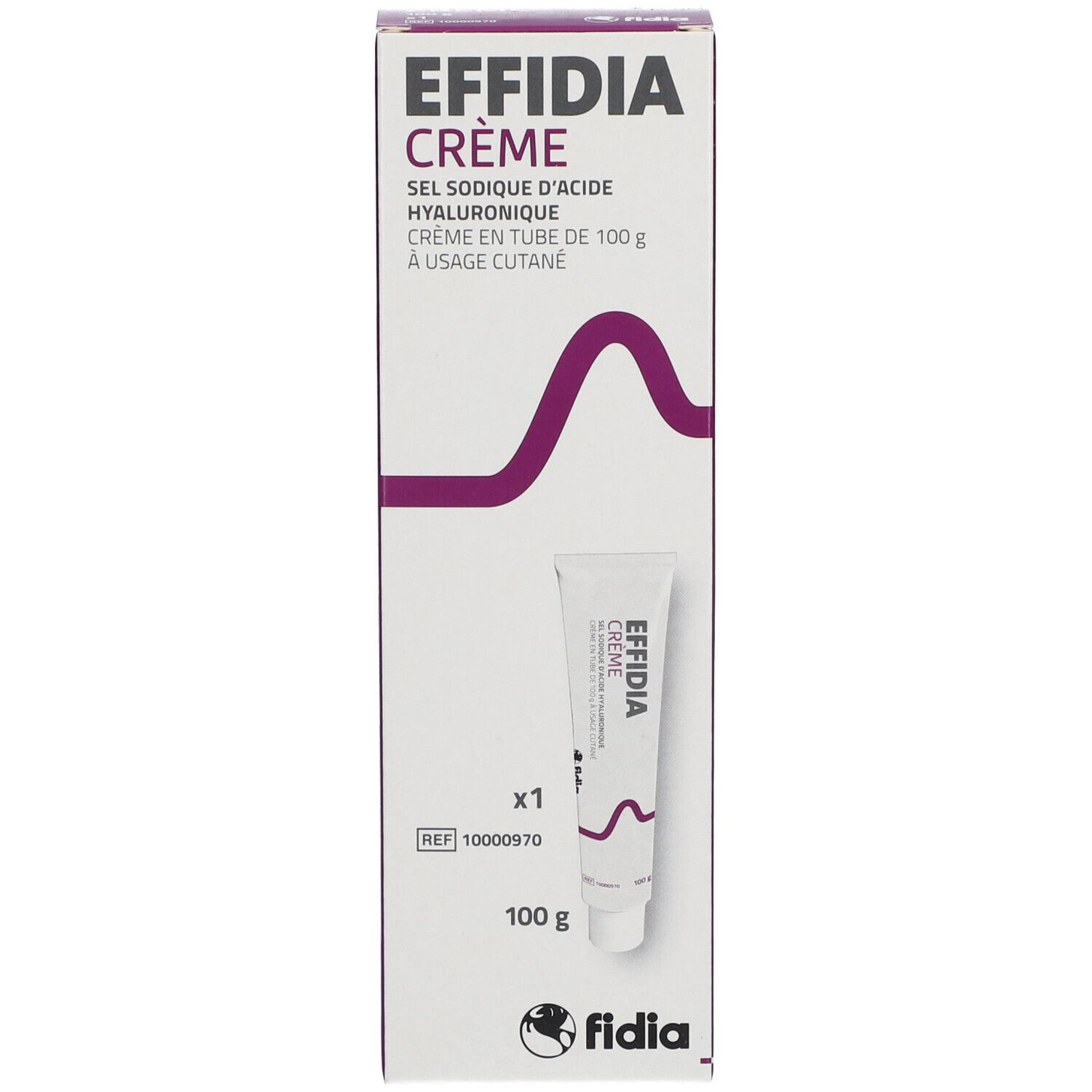 Emballage du produit avec tube. Boîte avec inscription: EFFIDIA Crème. Logo: Fidia. 100 g.