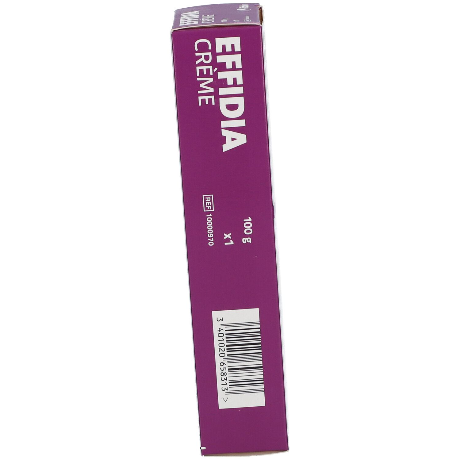 Vue en biais de l'emballage du produit. Inscription: EFFIDIA Crème. Logo: Fidia. 100 g.
