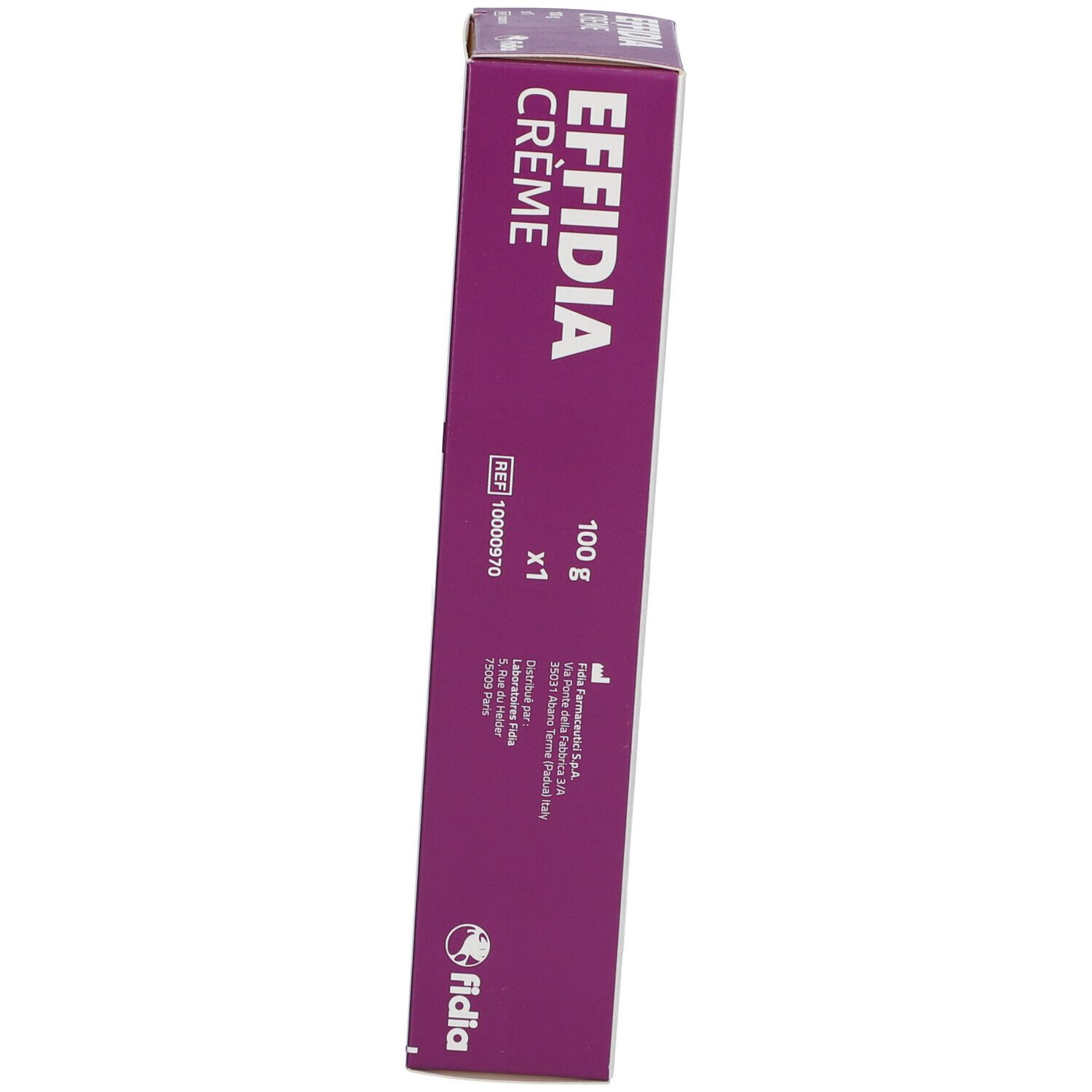 Vue en biais de l'emballage du produit. Inscription: EFFIDIA Crème. Logo: Fidia. 100 g.