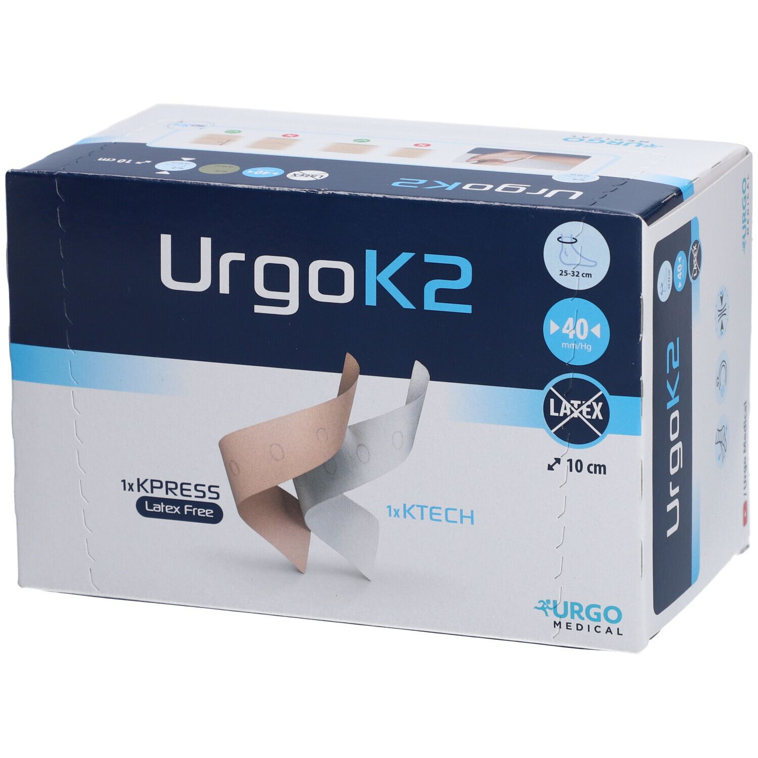 Boîte UrgoK2. Inscriptions: UrgoK2, 1x KPRESS, Latex Free, 1x KTECH, 10 cm, 25-32 cm, 40 mmHg, Latex.