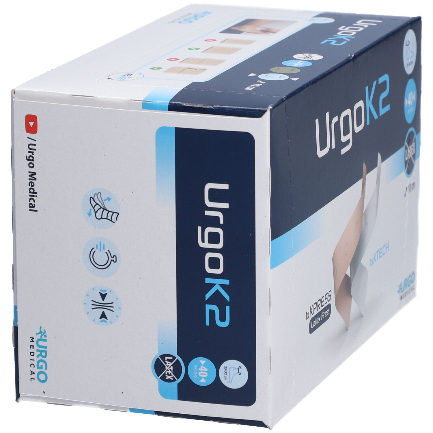 Boîte UrgoK2. Inscriptions: UrgoK2, Urgo Medical, Latex, 40 mmHg, 10 cm, 25-32 cm. Logo YouTube / Urgo Medical.